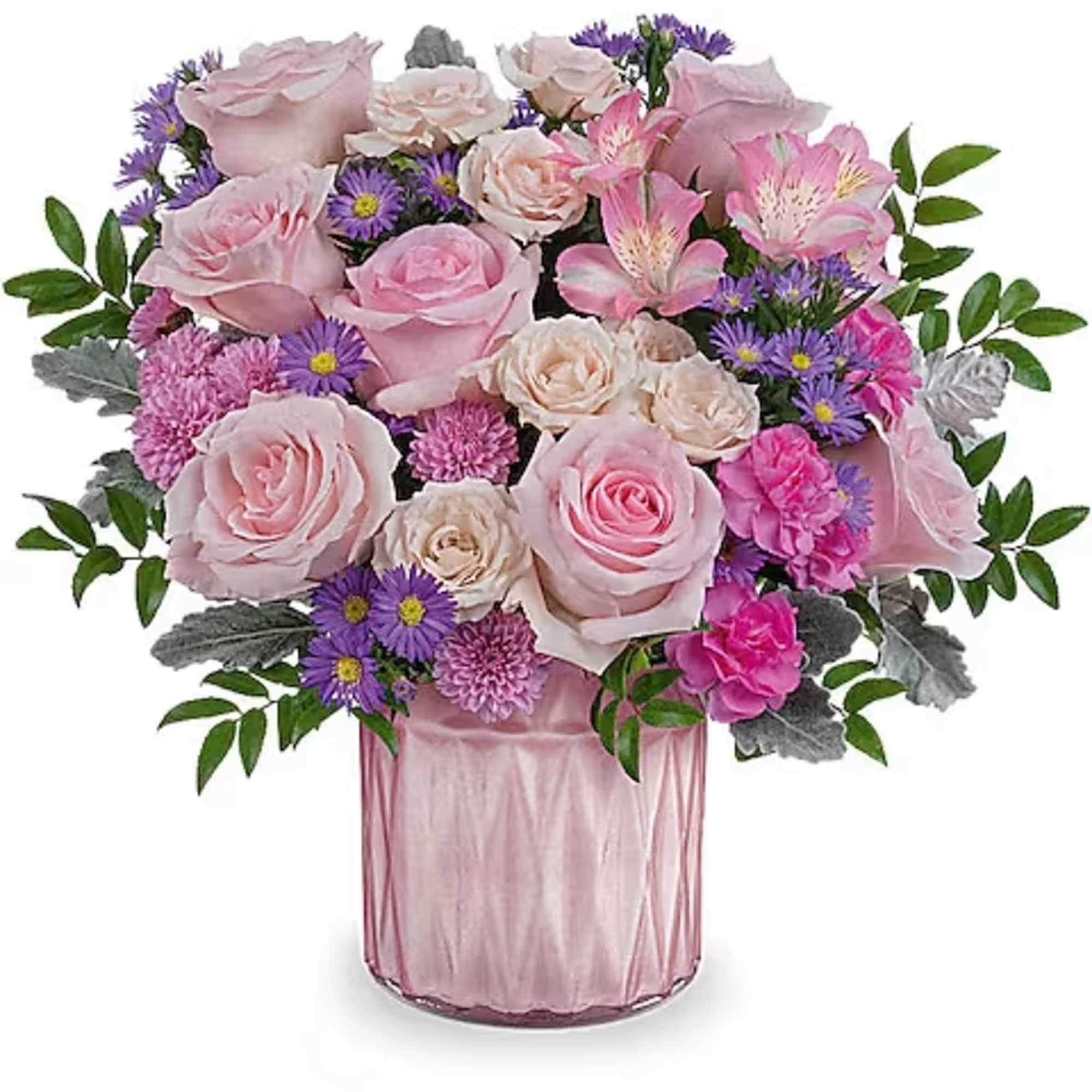 Pink and lavender bouquet in a pink glass vase