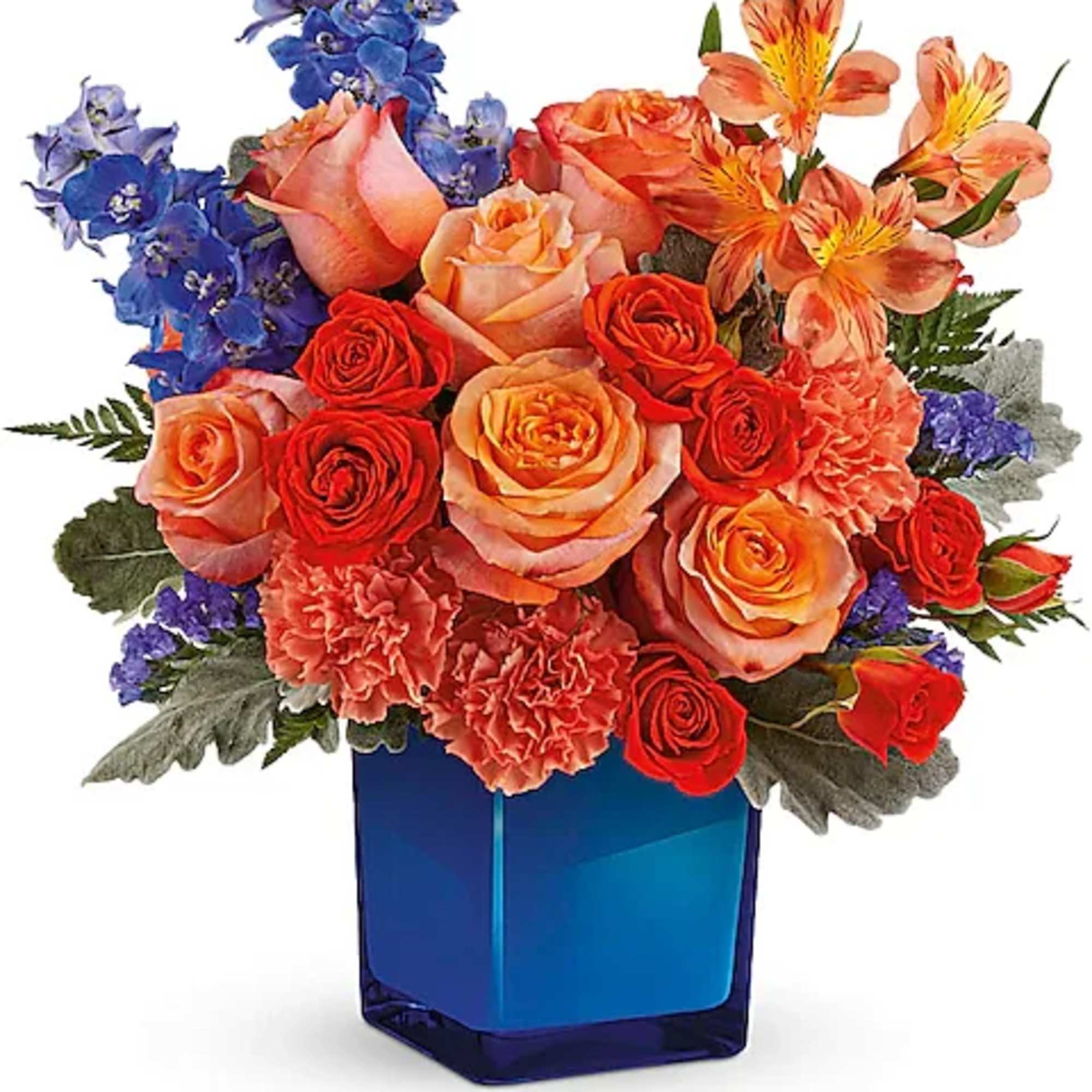 Bouquet of orange and red roses with blue flowers in a blue vase