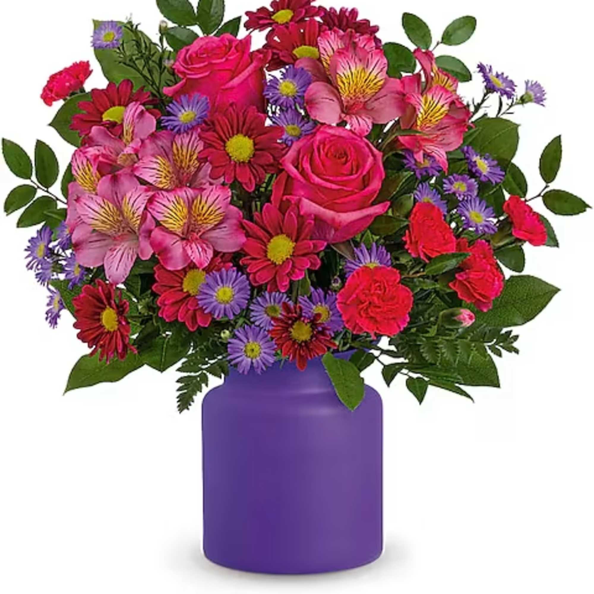 Pink roses and mixed daisies in a purple vase