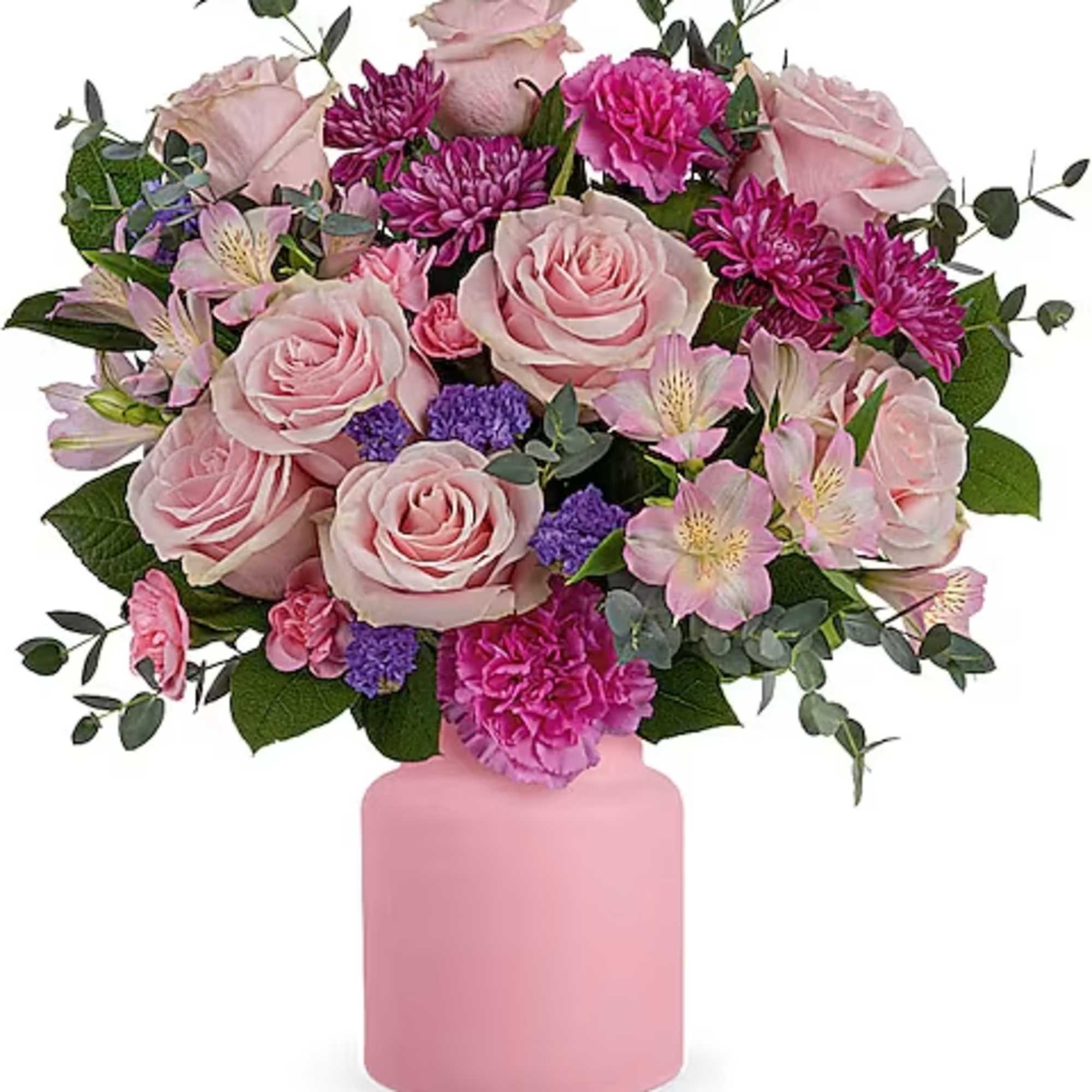 Pink roses and purple flowers in a pink vase