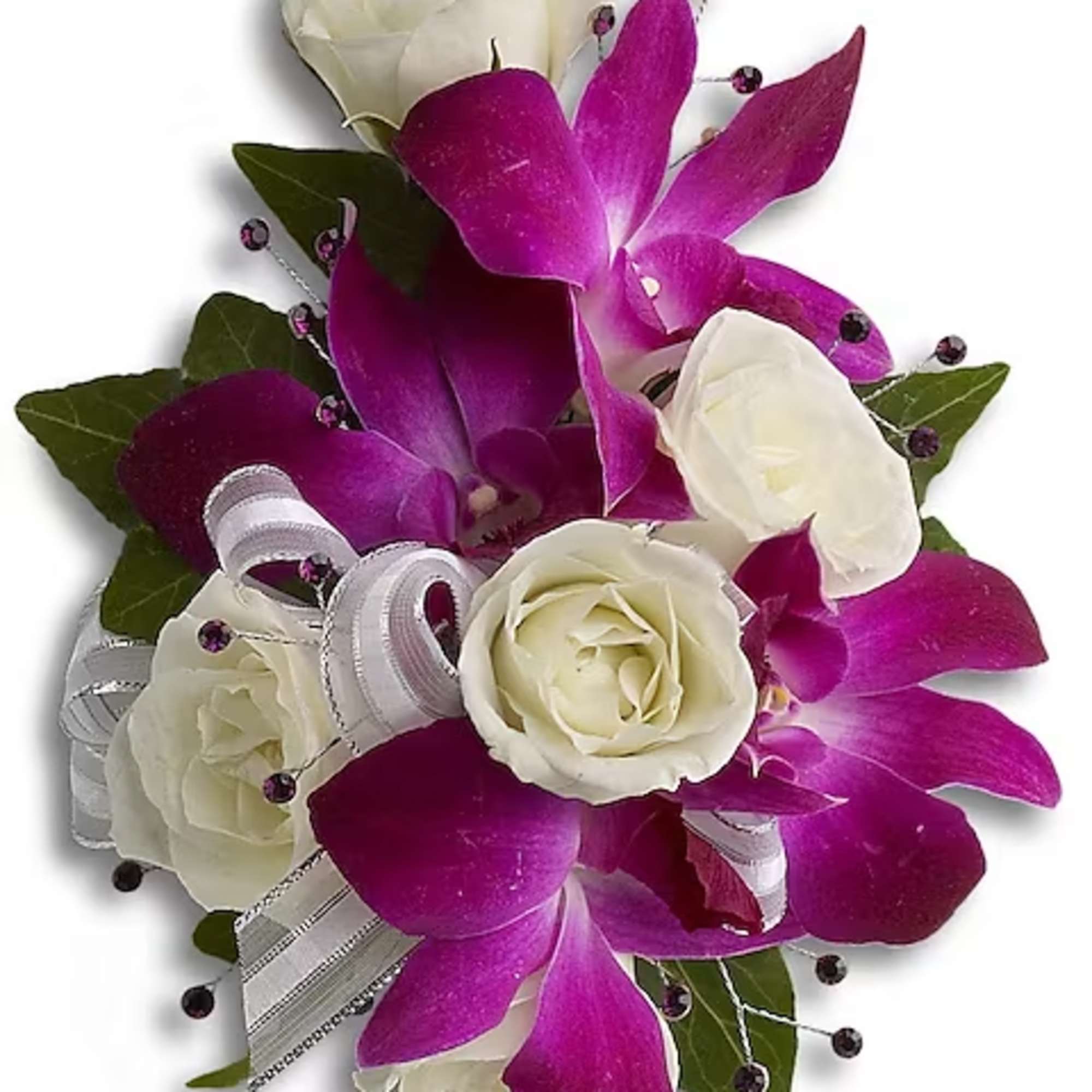 White roses with purple orchids and ribbon accents