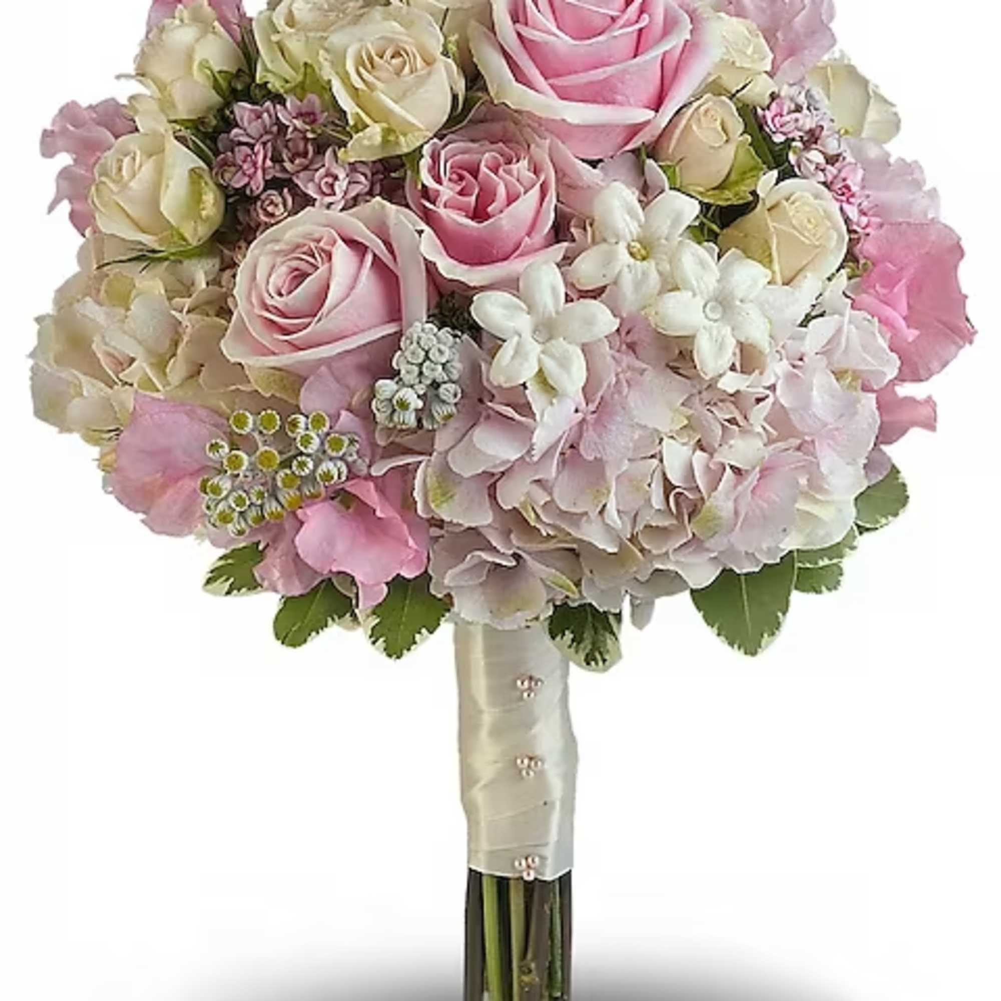 Pink and white rose bouquet with hydrangeas and small white flowers