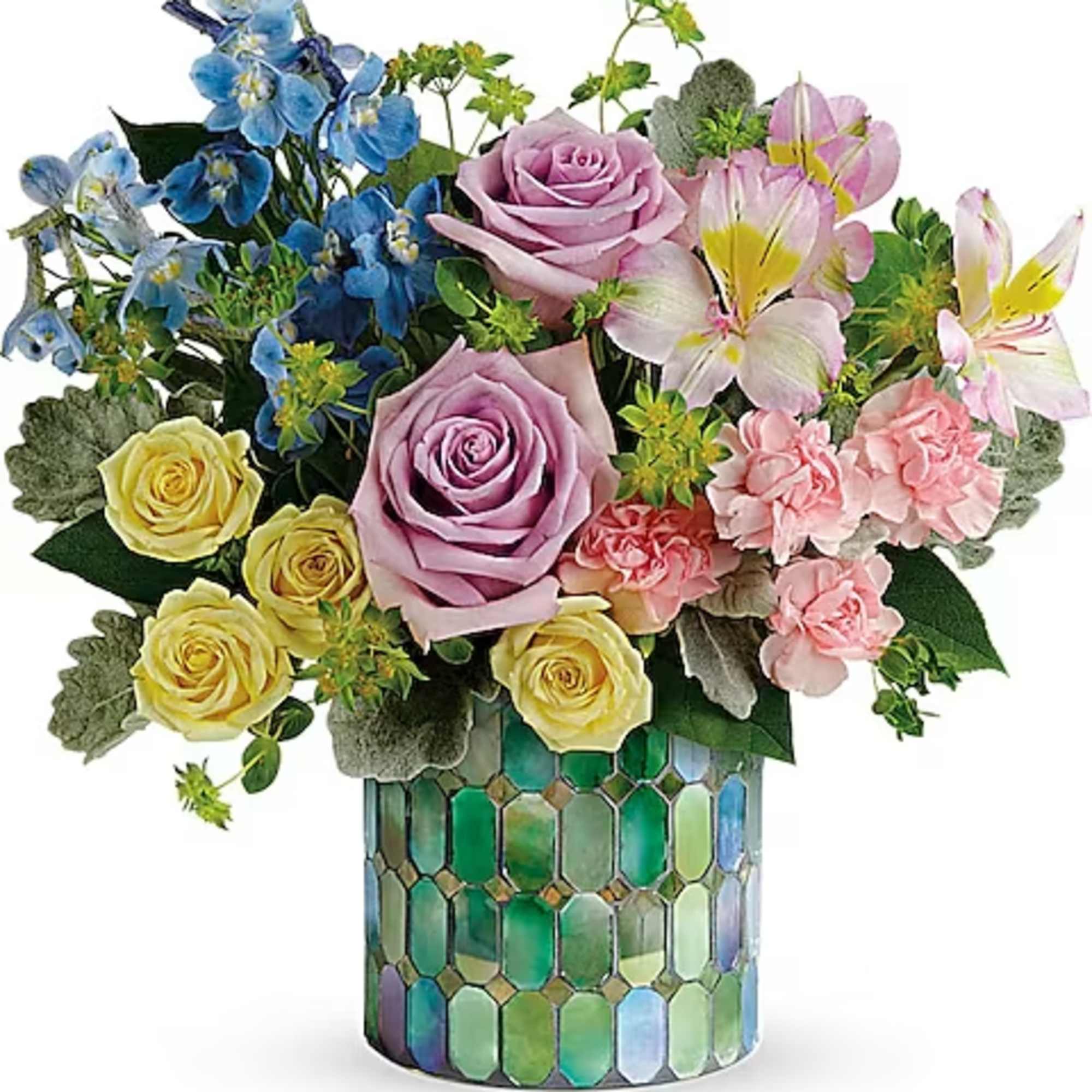 Bouquet of pink, yellow, and blue flowers in a mosaic glass vase