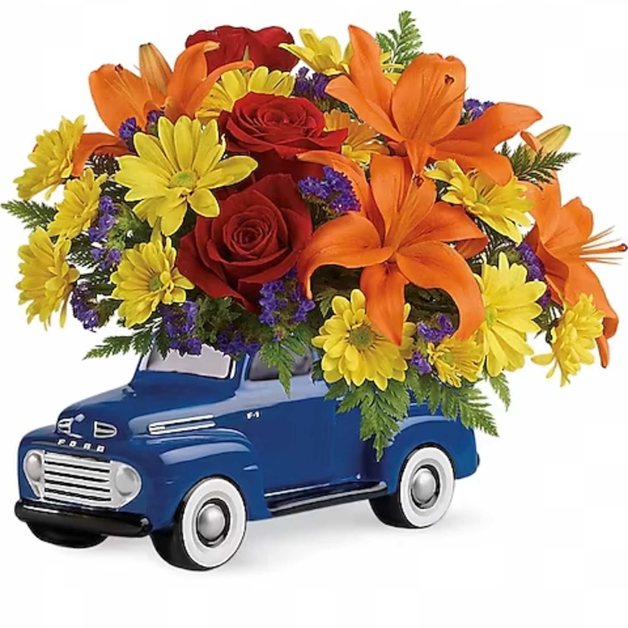 Blue toy truck topped with a colorful flower arrangement