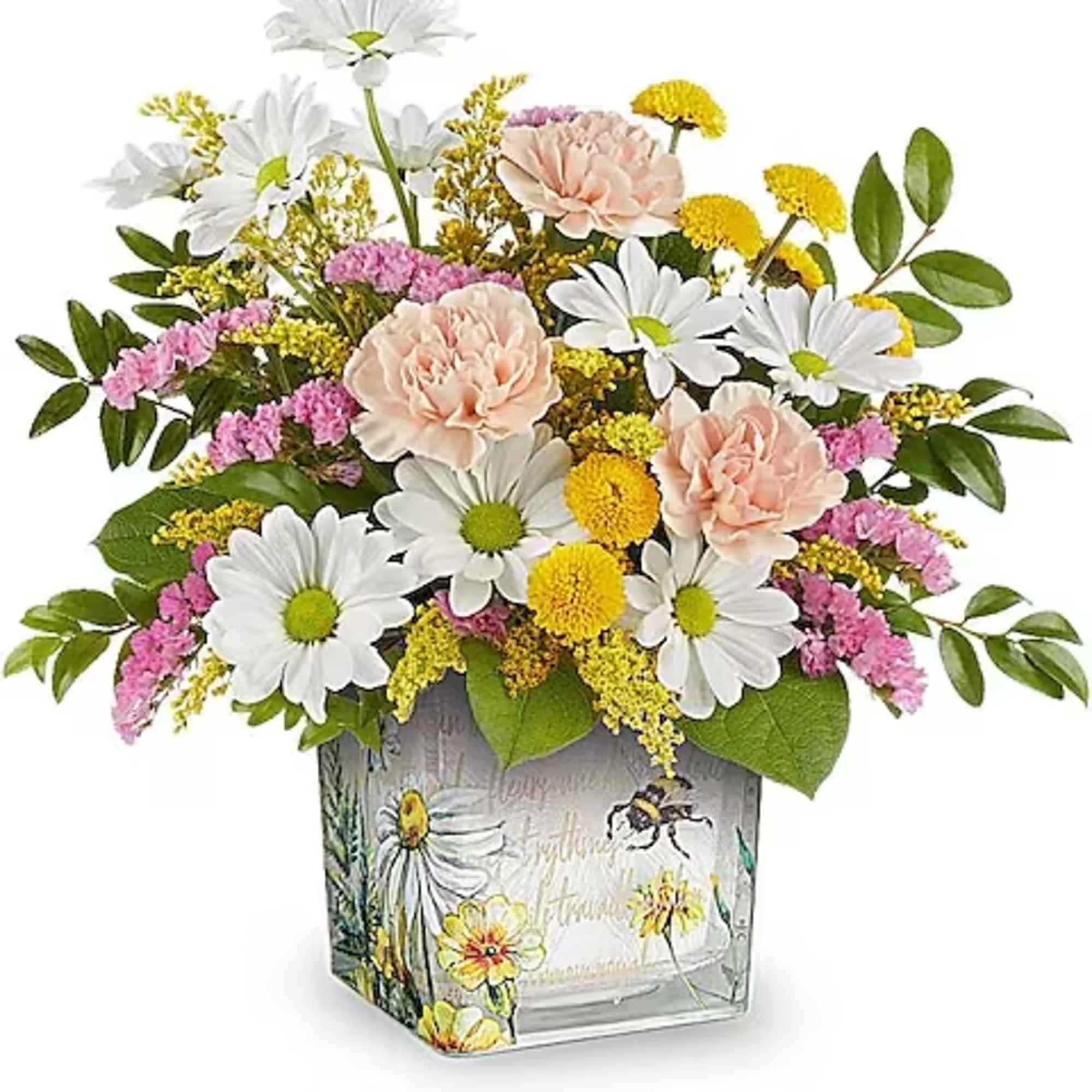 Mixed bouquet of daisies, carnations, and yellow filler flowers in a decorative vase