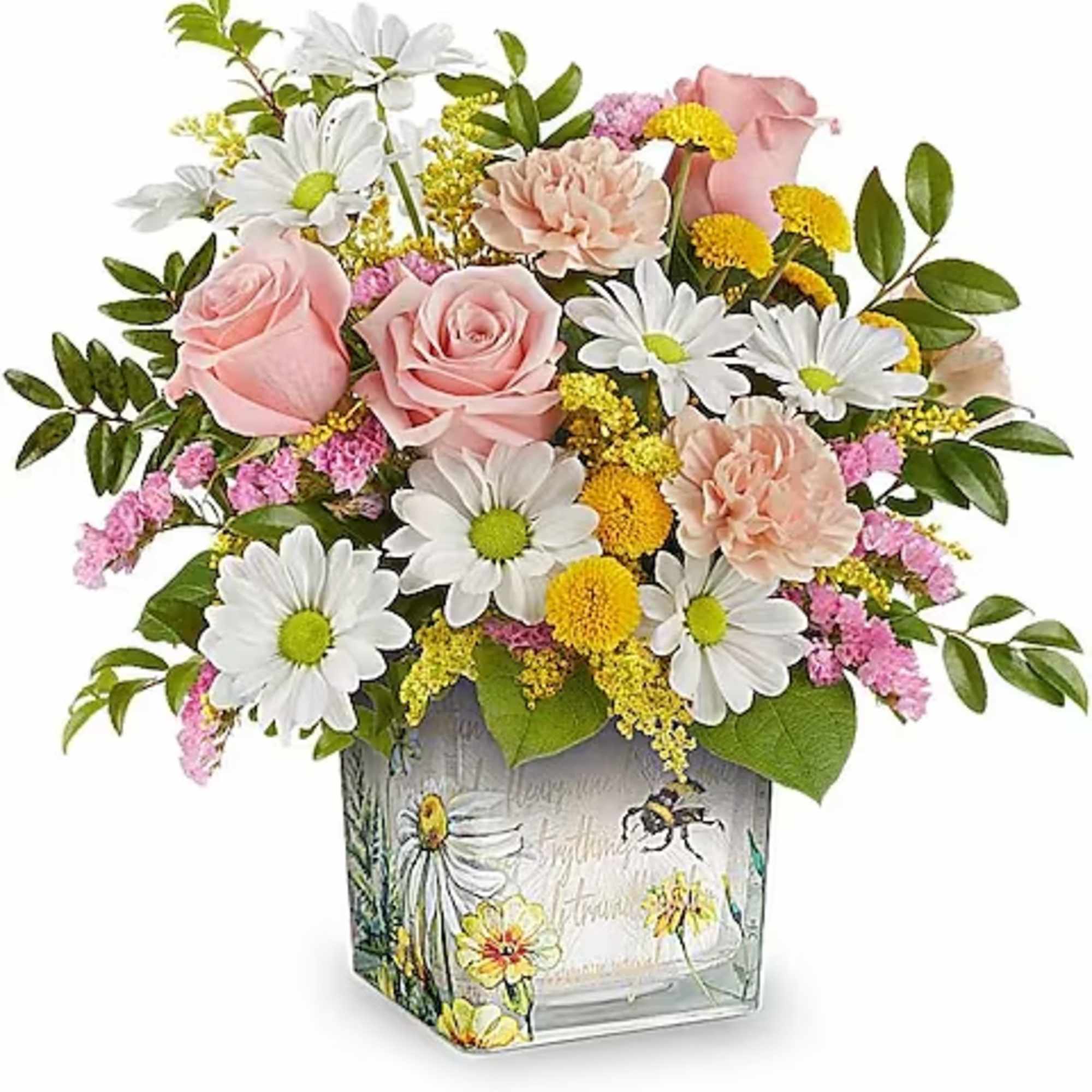 Pink roses and white daisies in a decorated glass vase