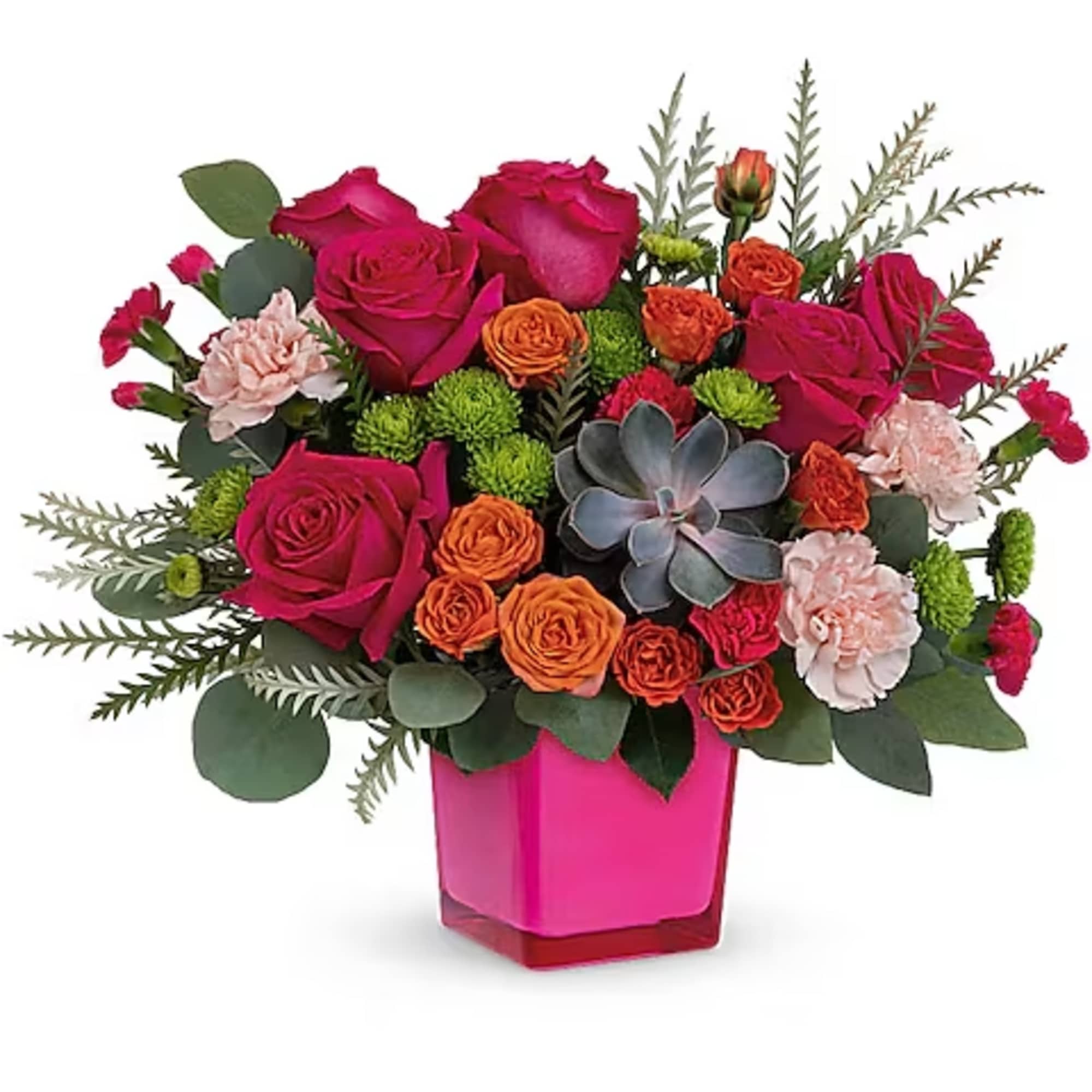 Bouquet of pink and orange roses in a pink vase