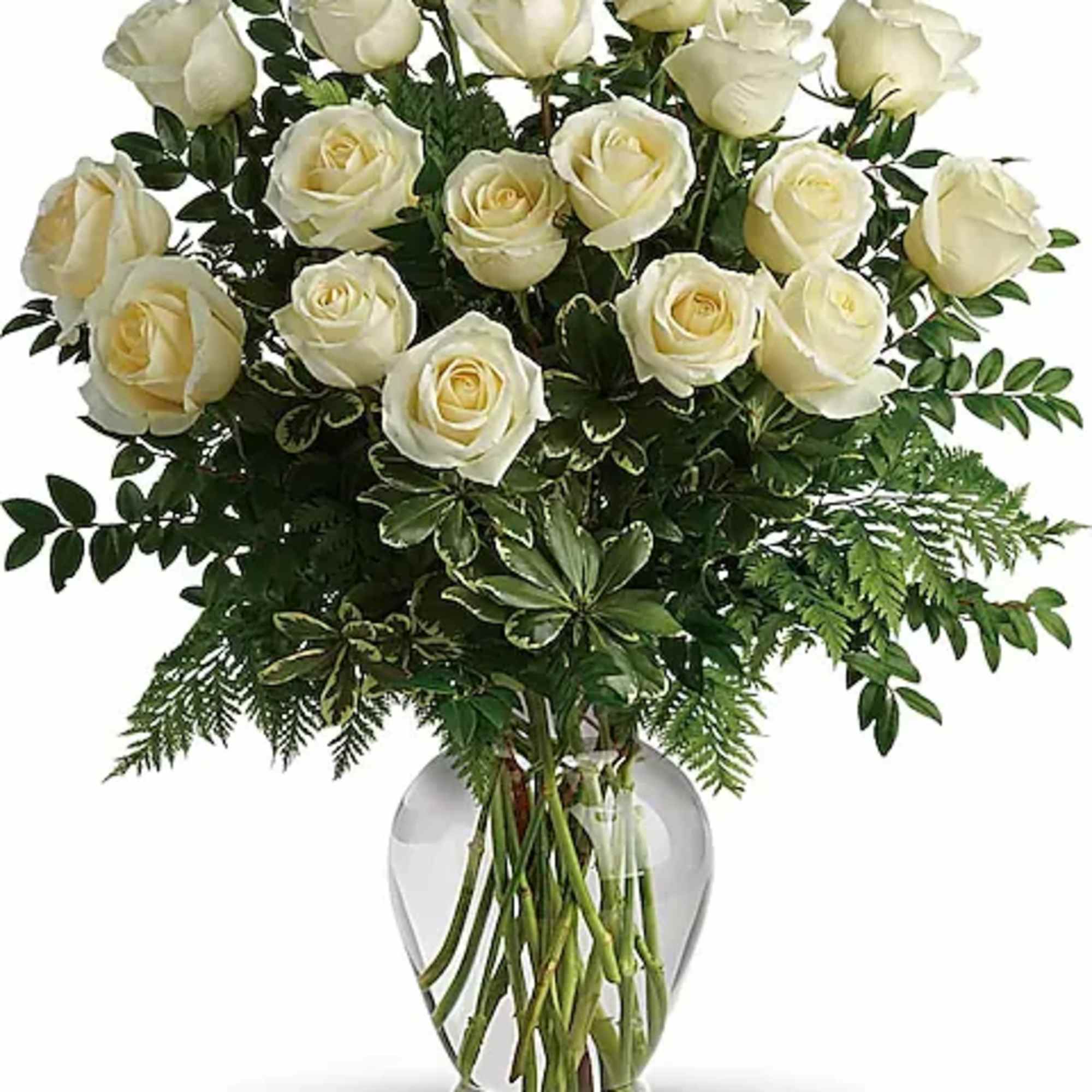 Bouquet of white roses in a clear glass vase
