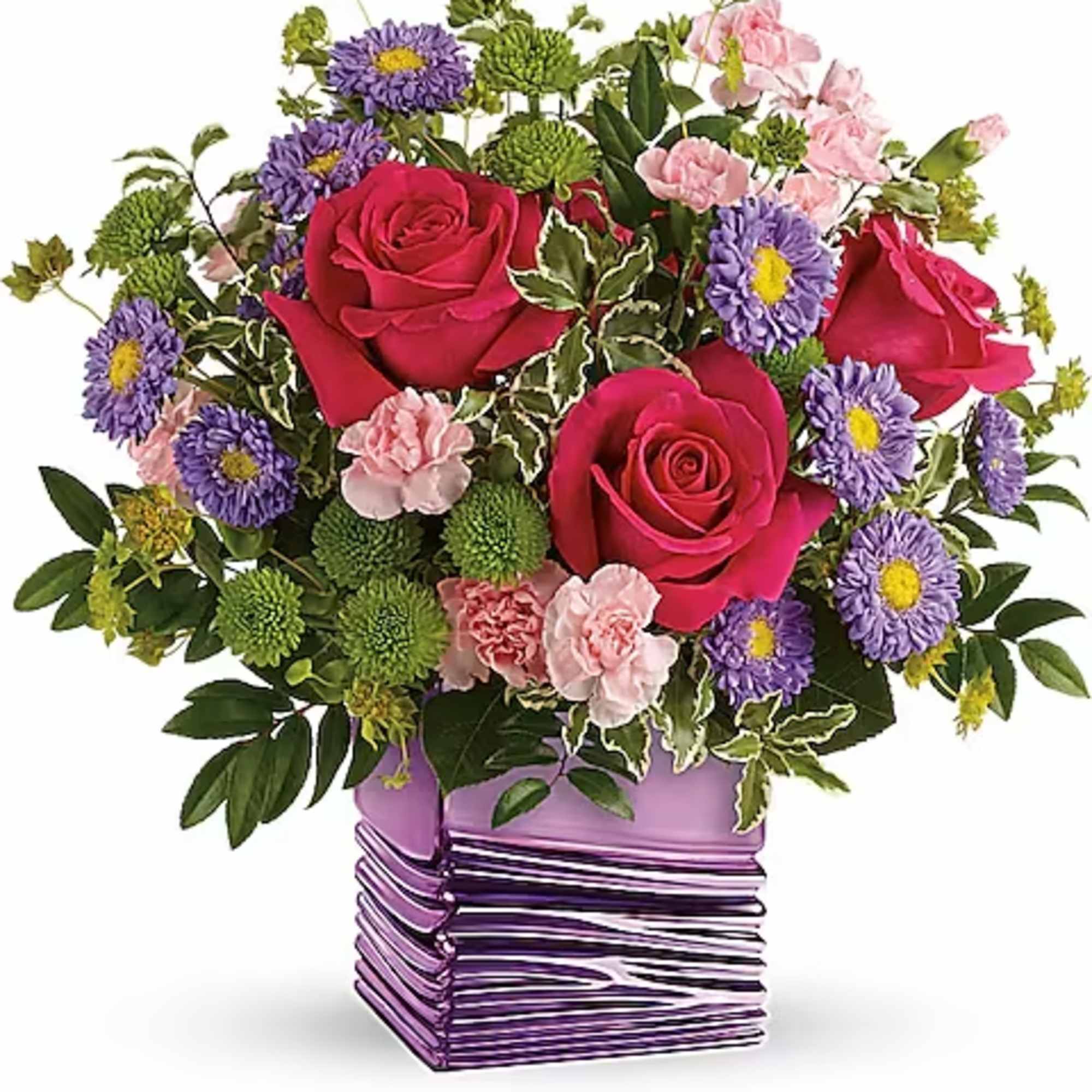 Bouquet of pink roses, purple daisies, and green pompons in a purple vase