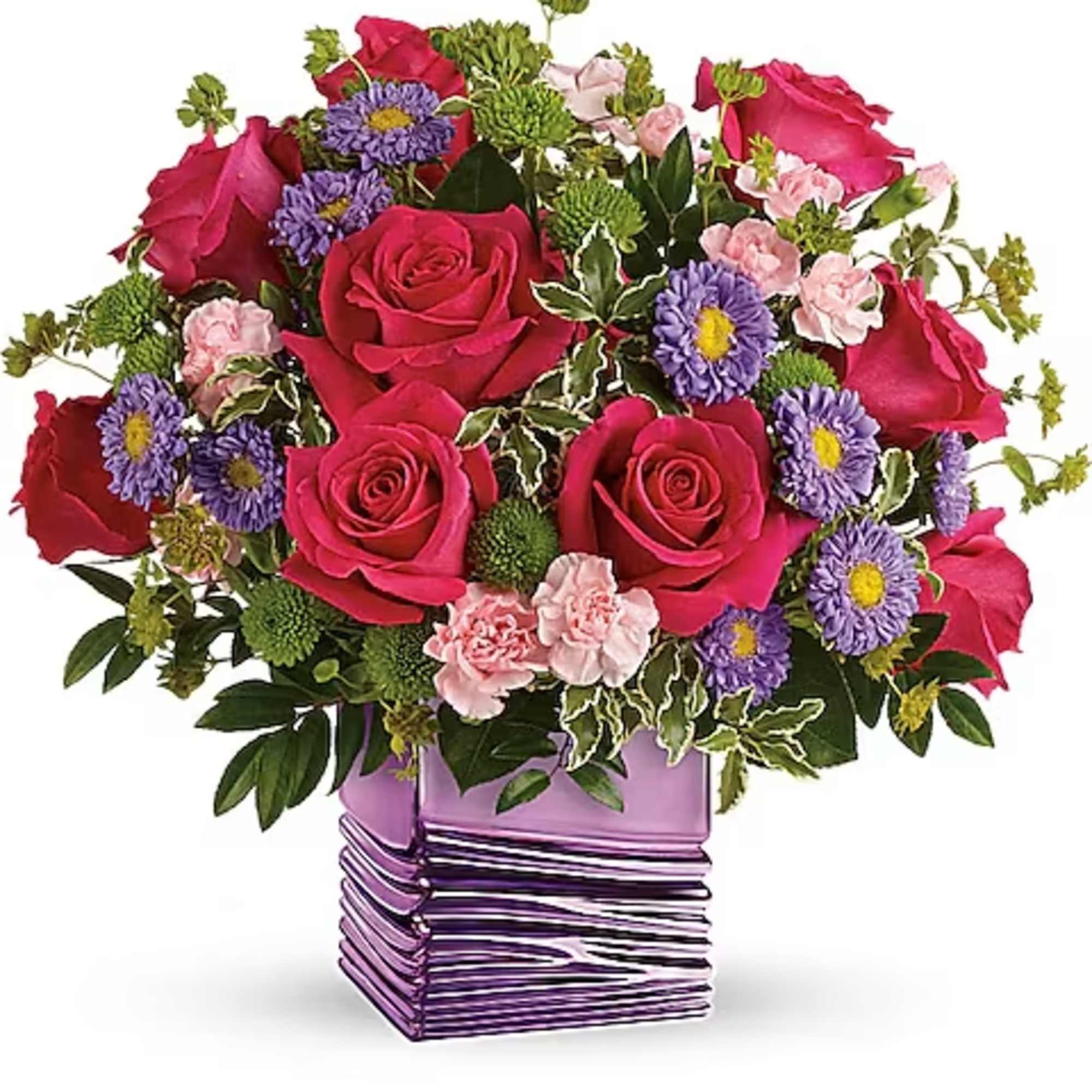 Bouquet of pink roses, purple daisies, and carnations in a purple vase