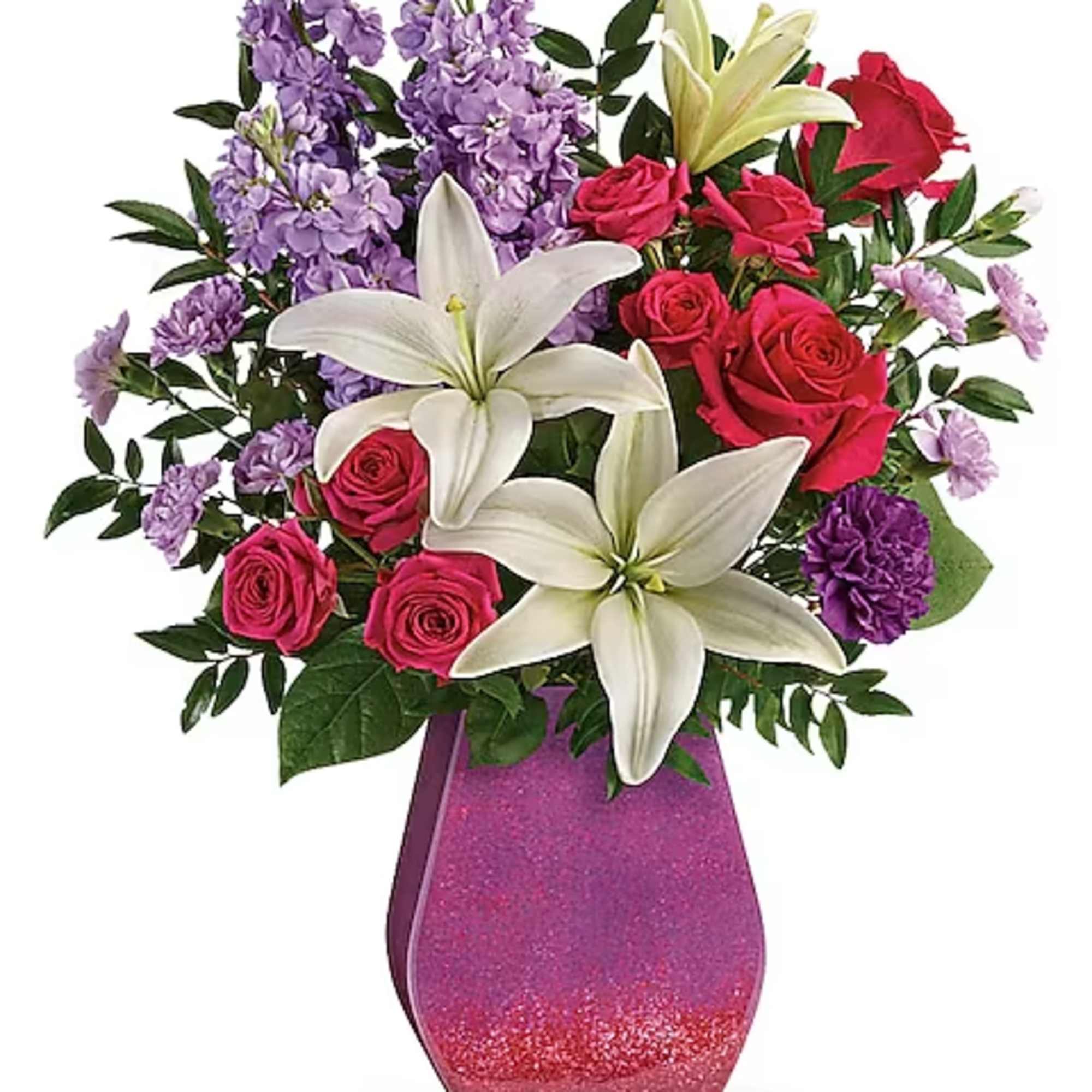 Pink roses and white lilies in a glittery pink vase