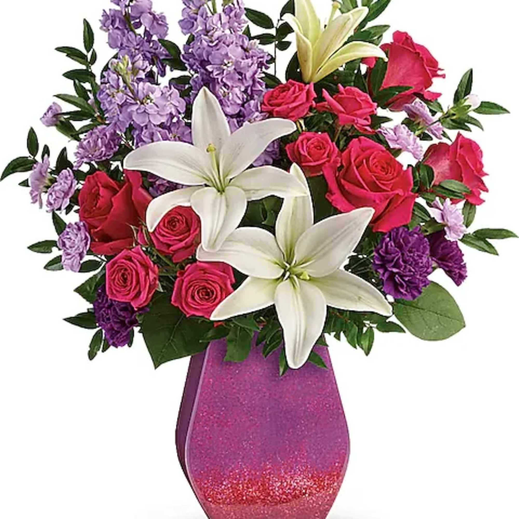 Bouquet of pink roses, white lilies, and purple flowers in a pink vase