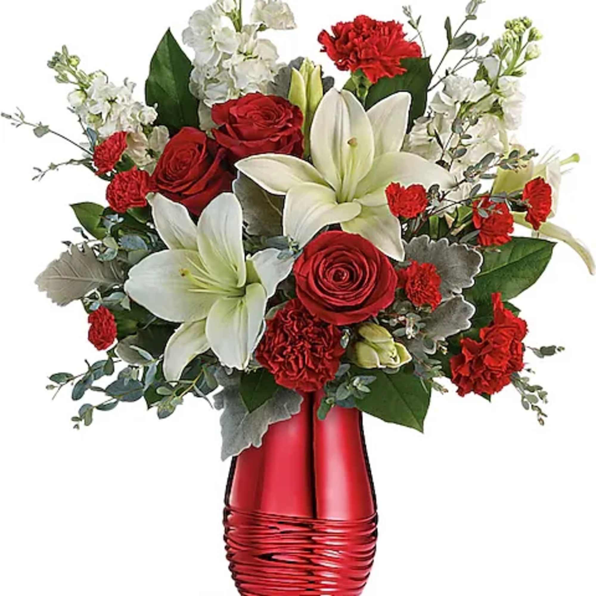 Red roses and white lilies arranged in a red vase