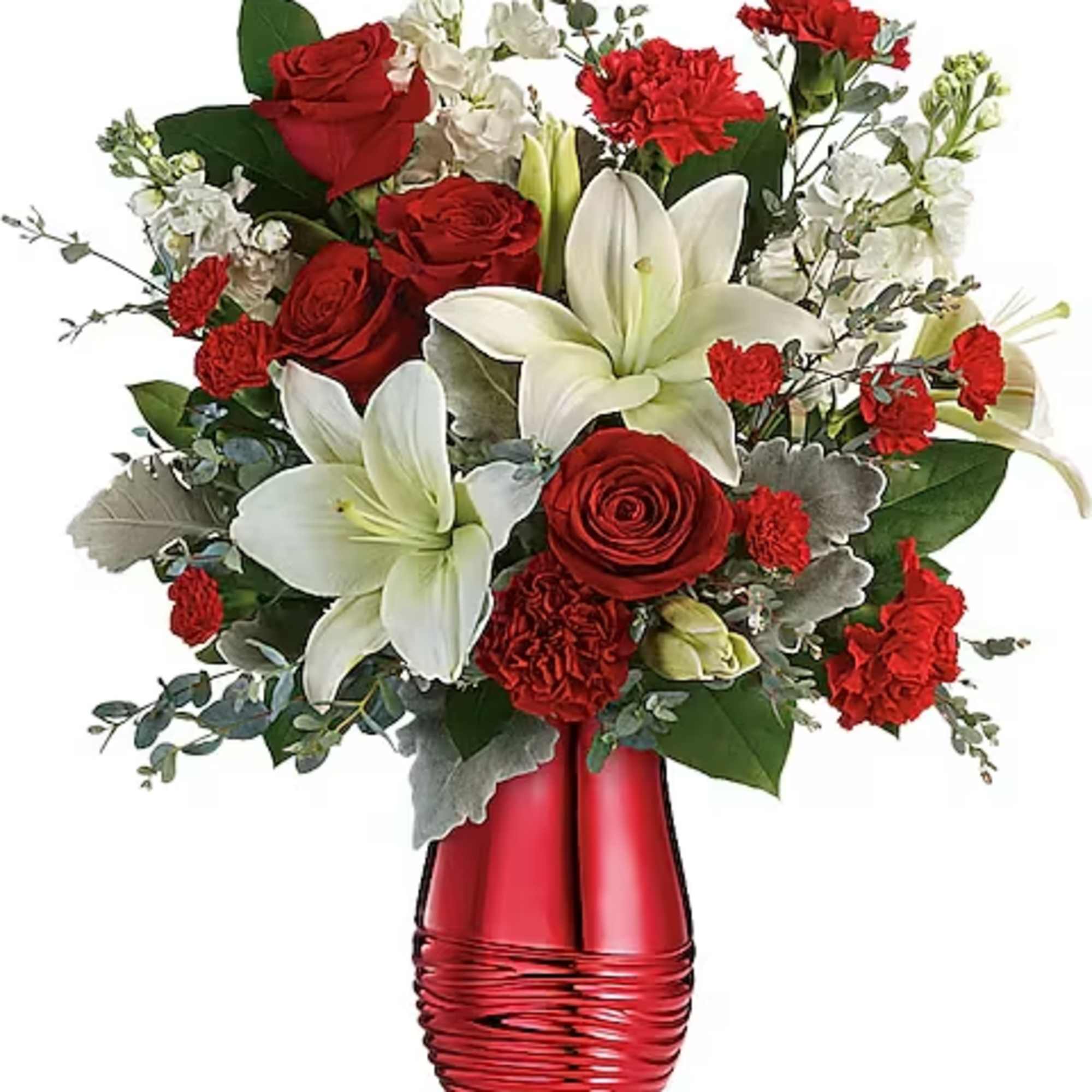 Red roses and white lilies in a red vase