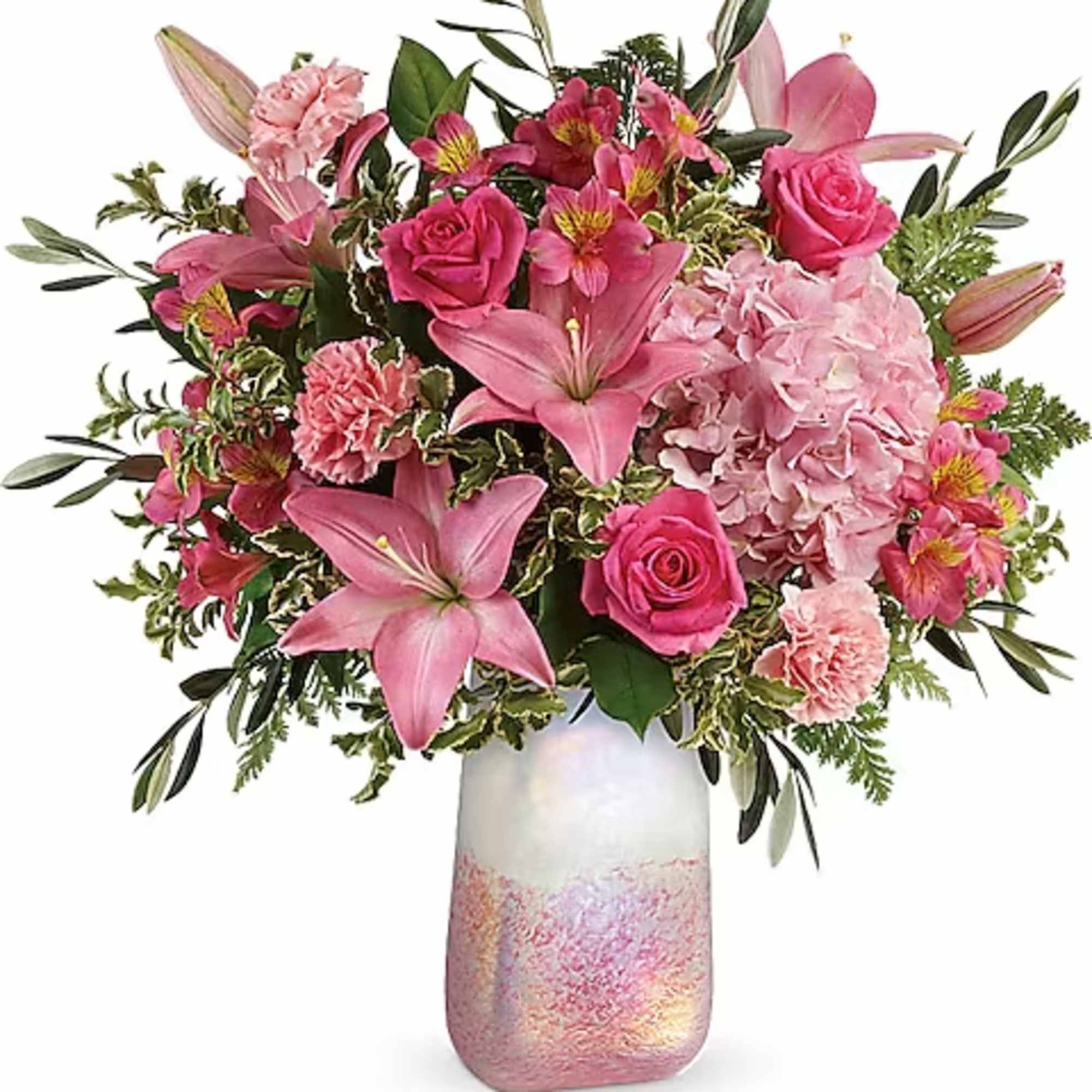 Pink bouquet with lilies, roses, and hydrangea in a tall vase