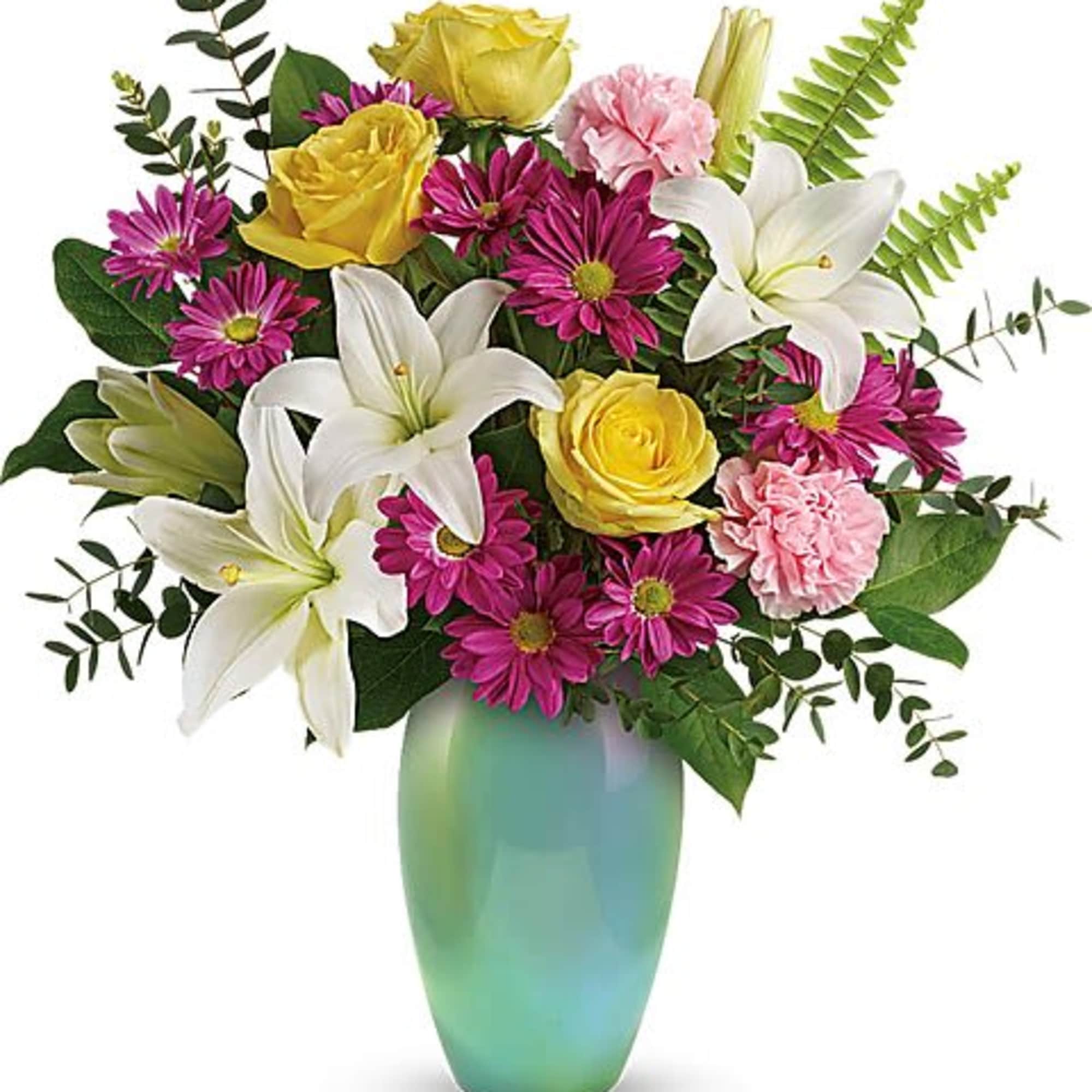 Bouquet of white lilies, yellow roses, pink daisies, and carnations in a green vase