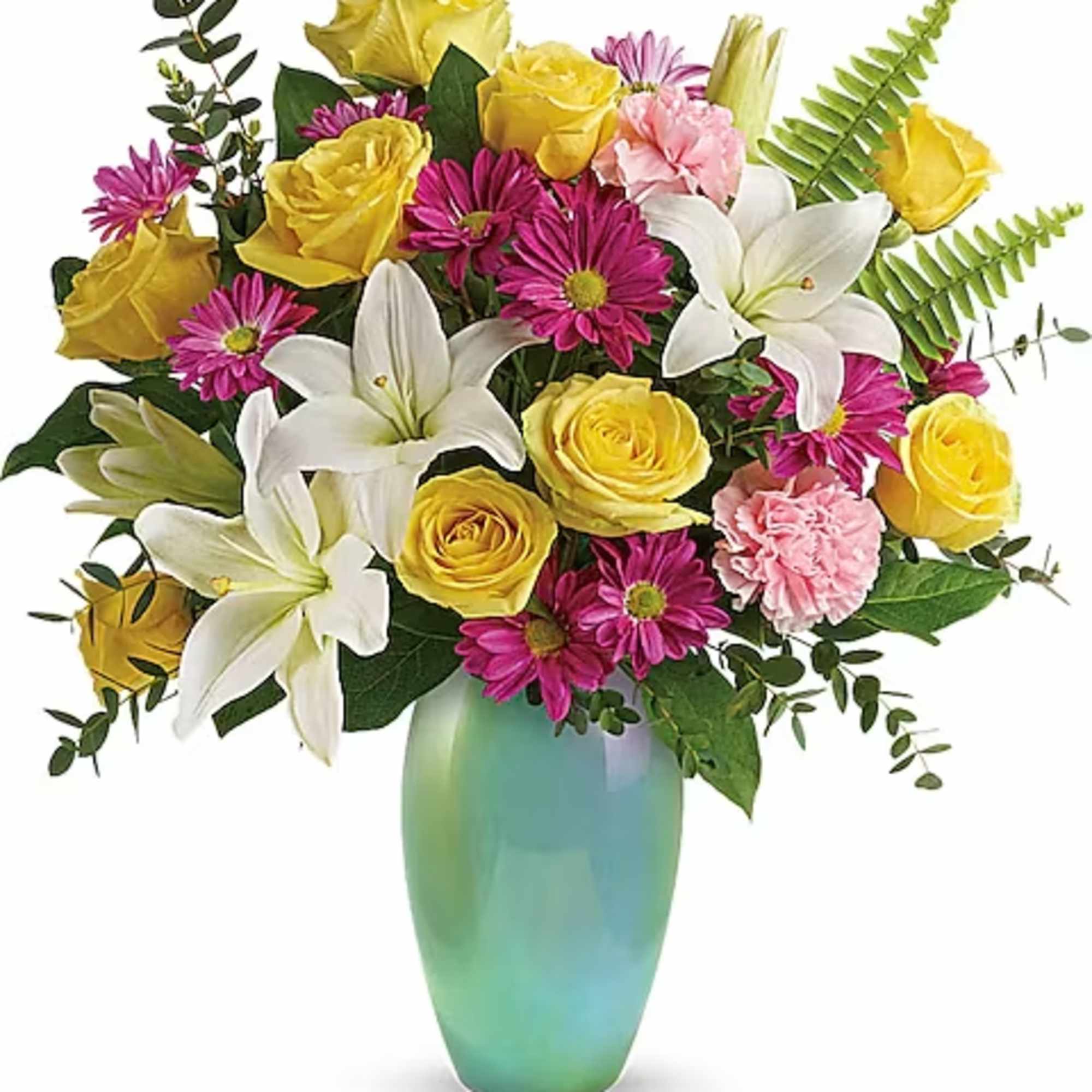 Yellow roses, white lilies, and pink daisies in a green vase