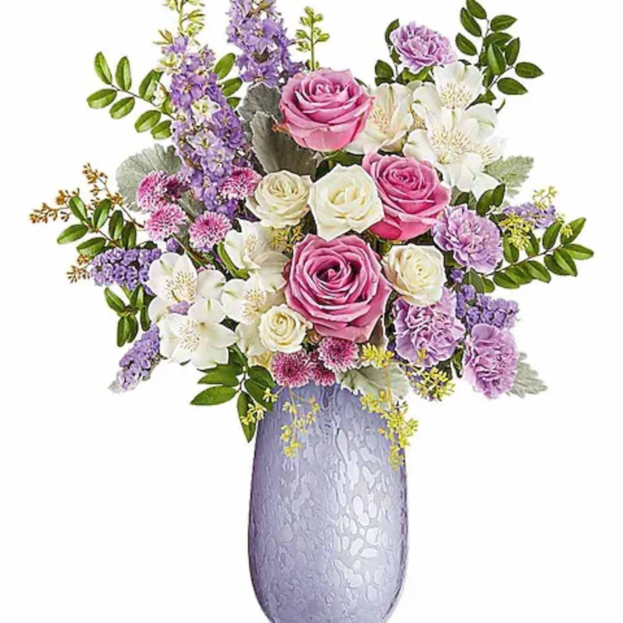 Pink and white roses with purple flowers in a lavender vase