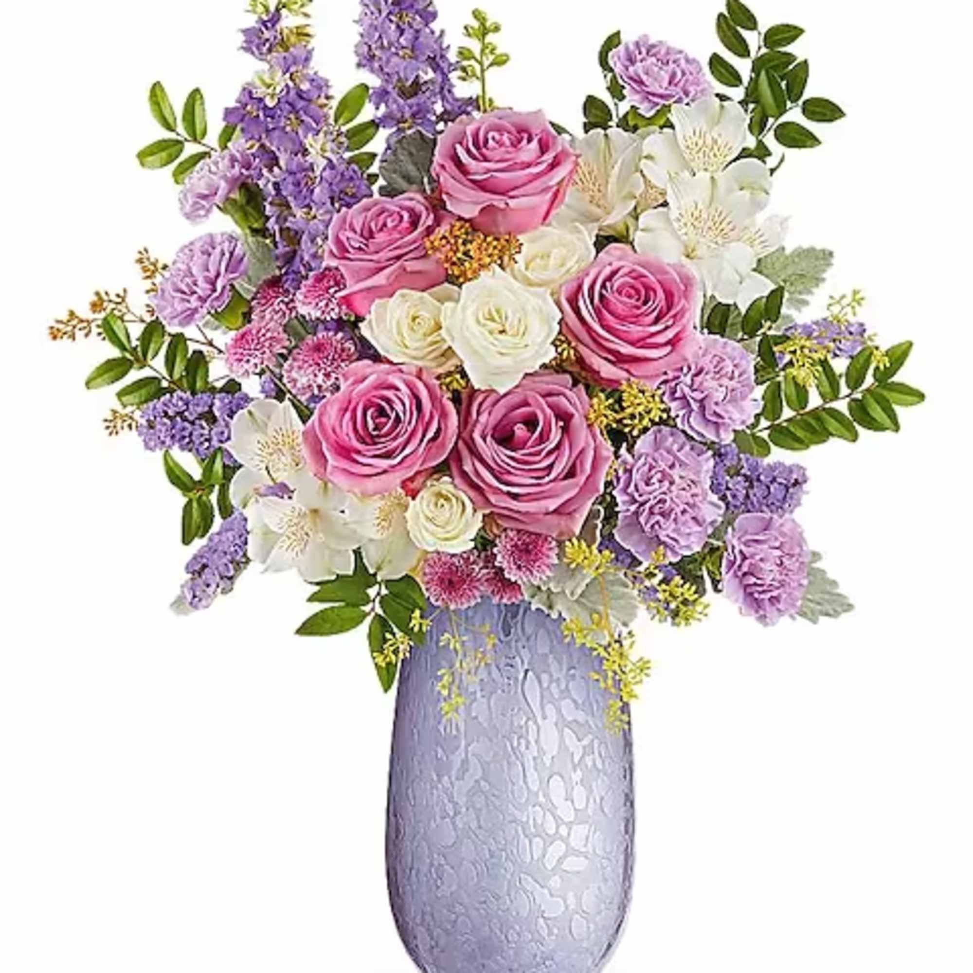 Pink and white flower arrangement in a lavender vase
