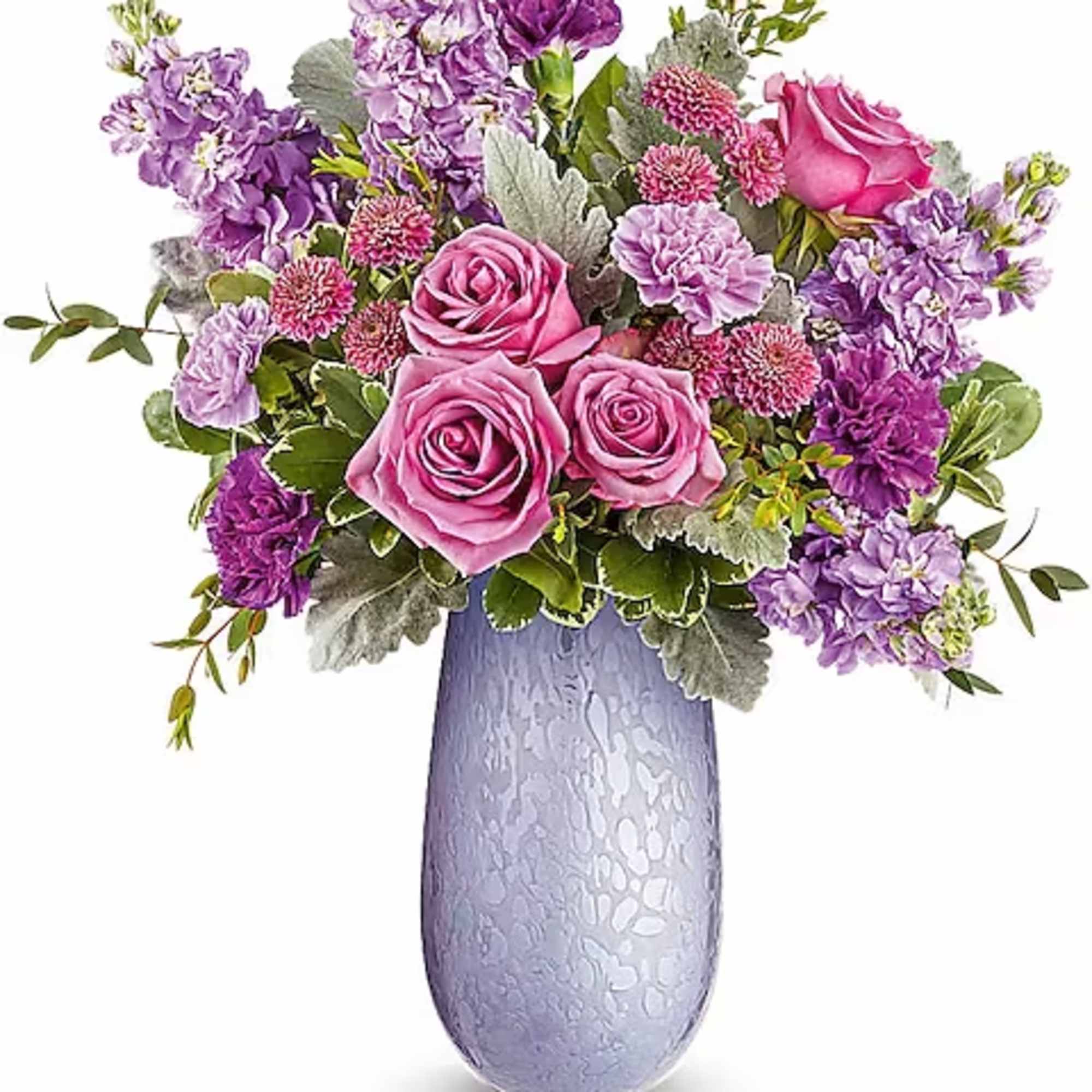 Pink and purple bouquet in a lavender vase
