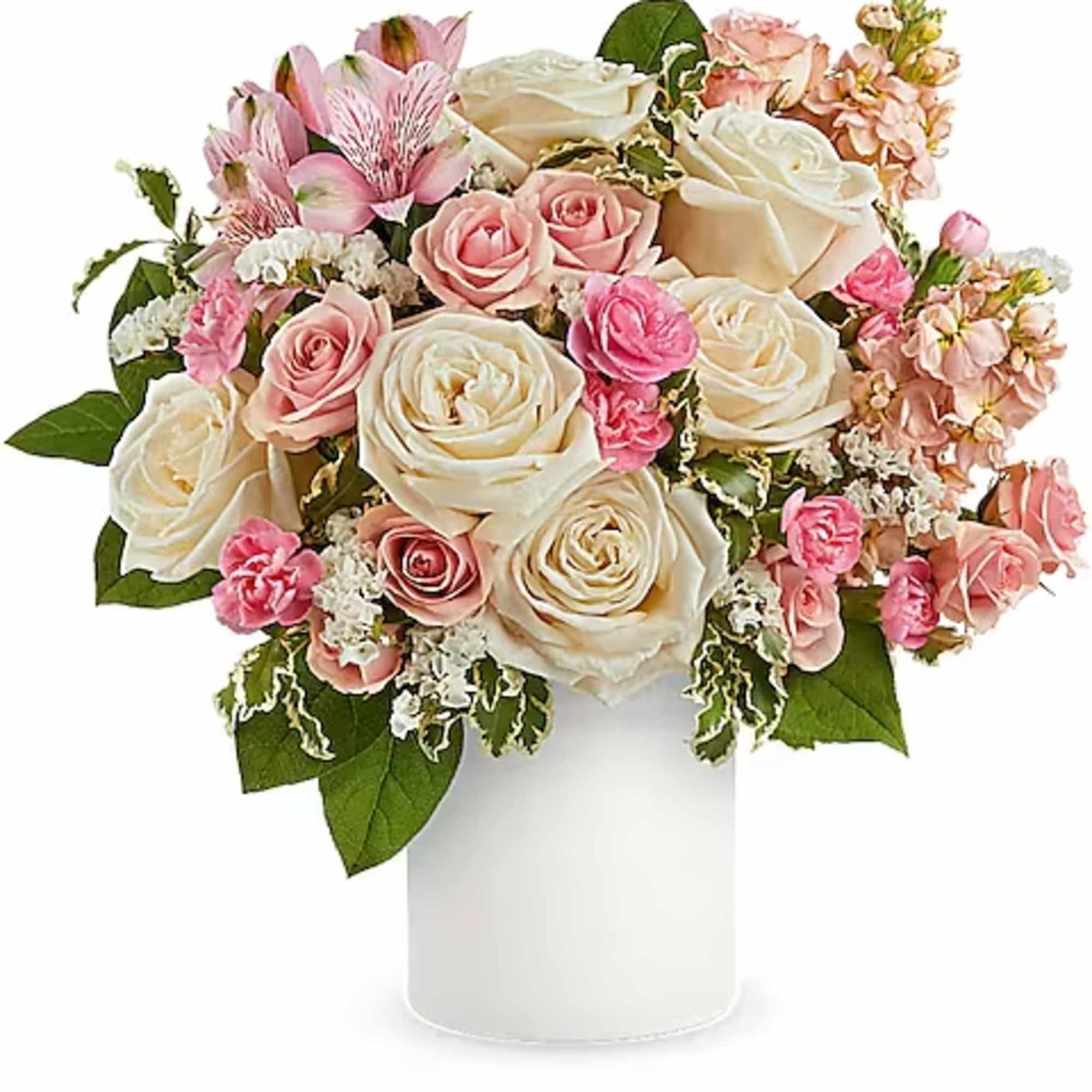 Pink and white rose bouquet in a white vase