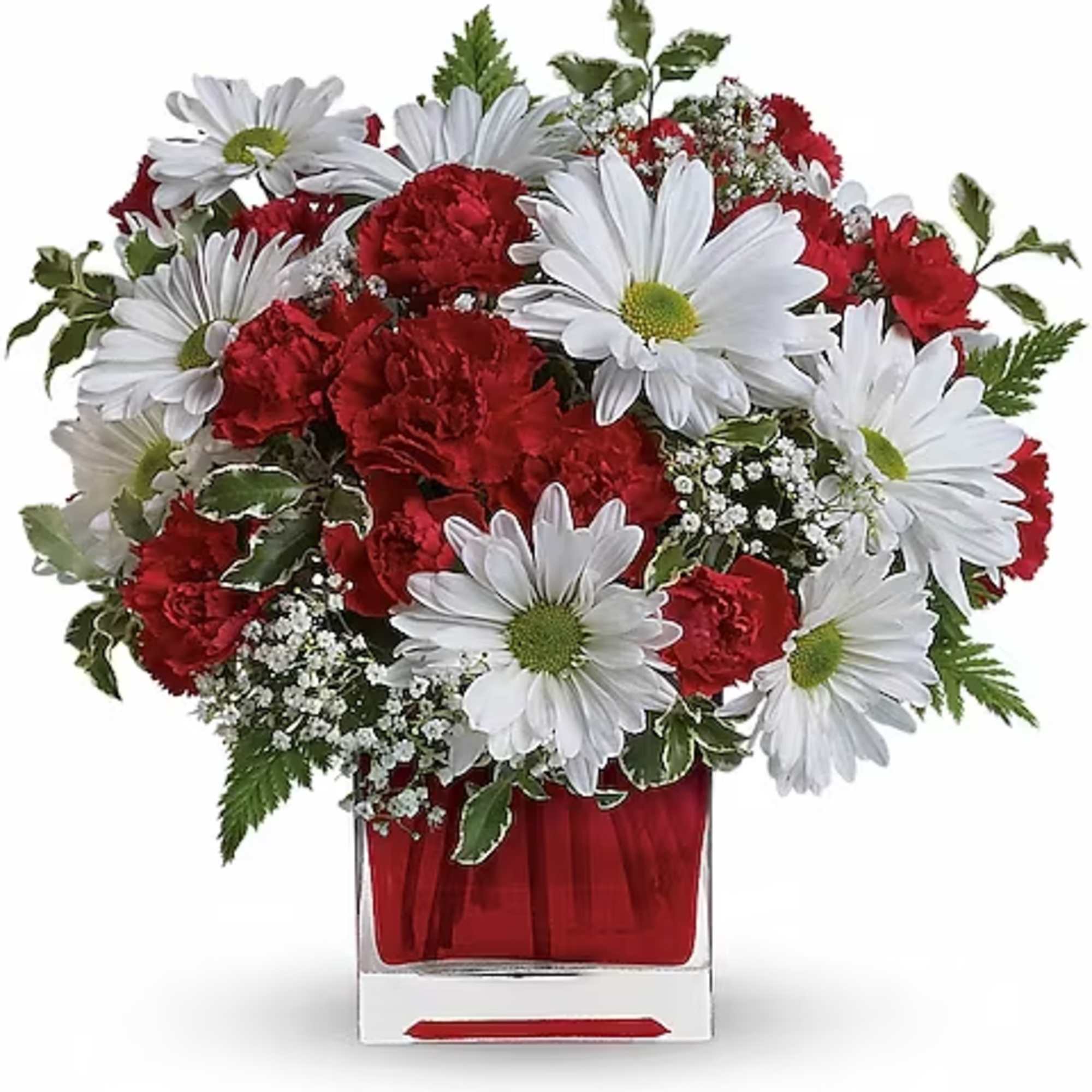 Red carnations and white daisies in a red glass vase