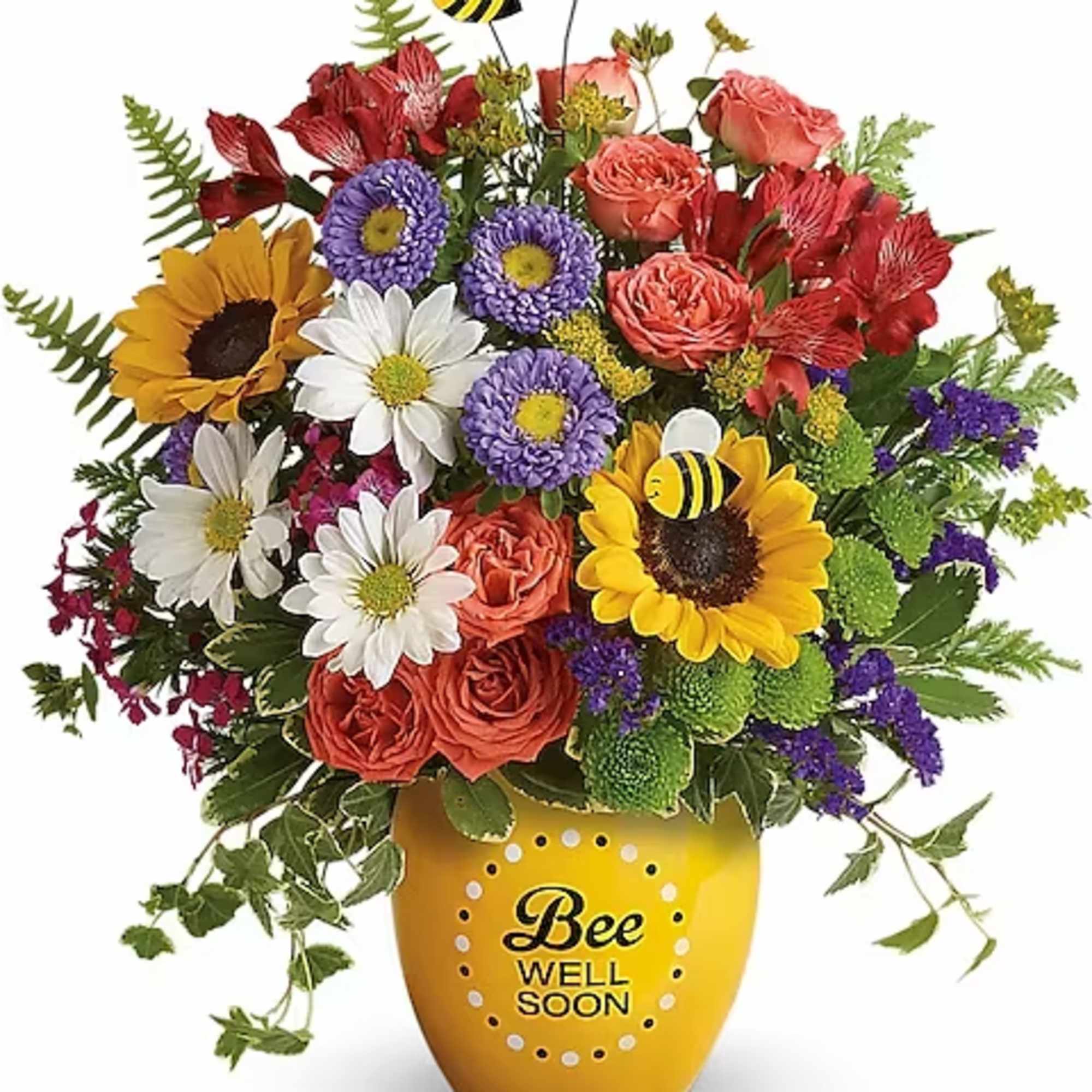 Mixed bouquet in a yellow bee-themed vase with bee picks