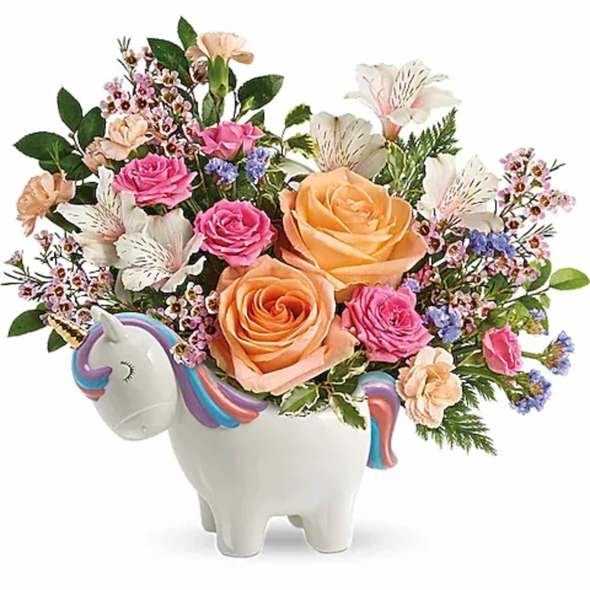 Bouquet of mixed flowers in a unicorn-shaped ceramic vase