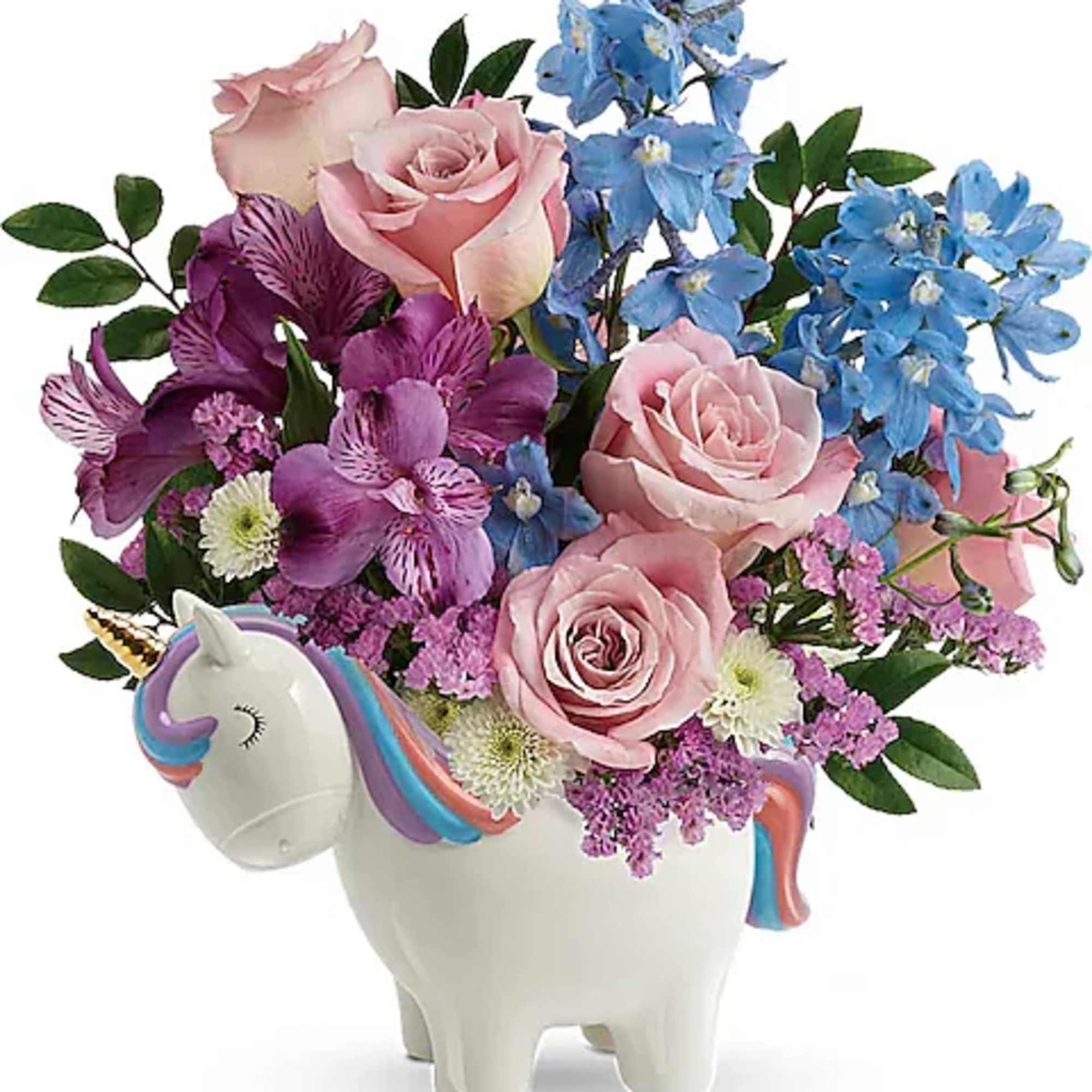 Pink roses and purple-blue flowers in a unicorn vase