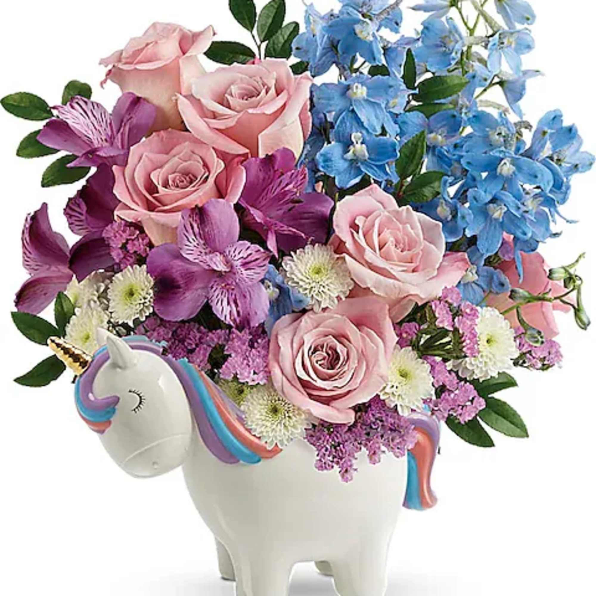 Pink and blue flowers arranged in a unicorn-shaped vase