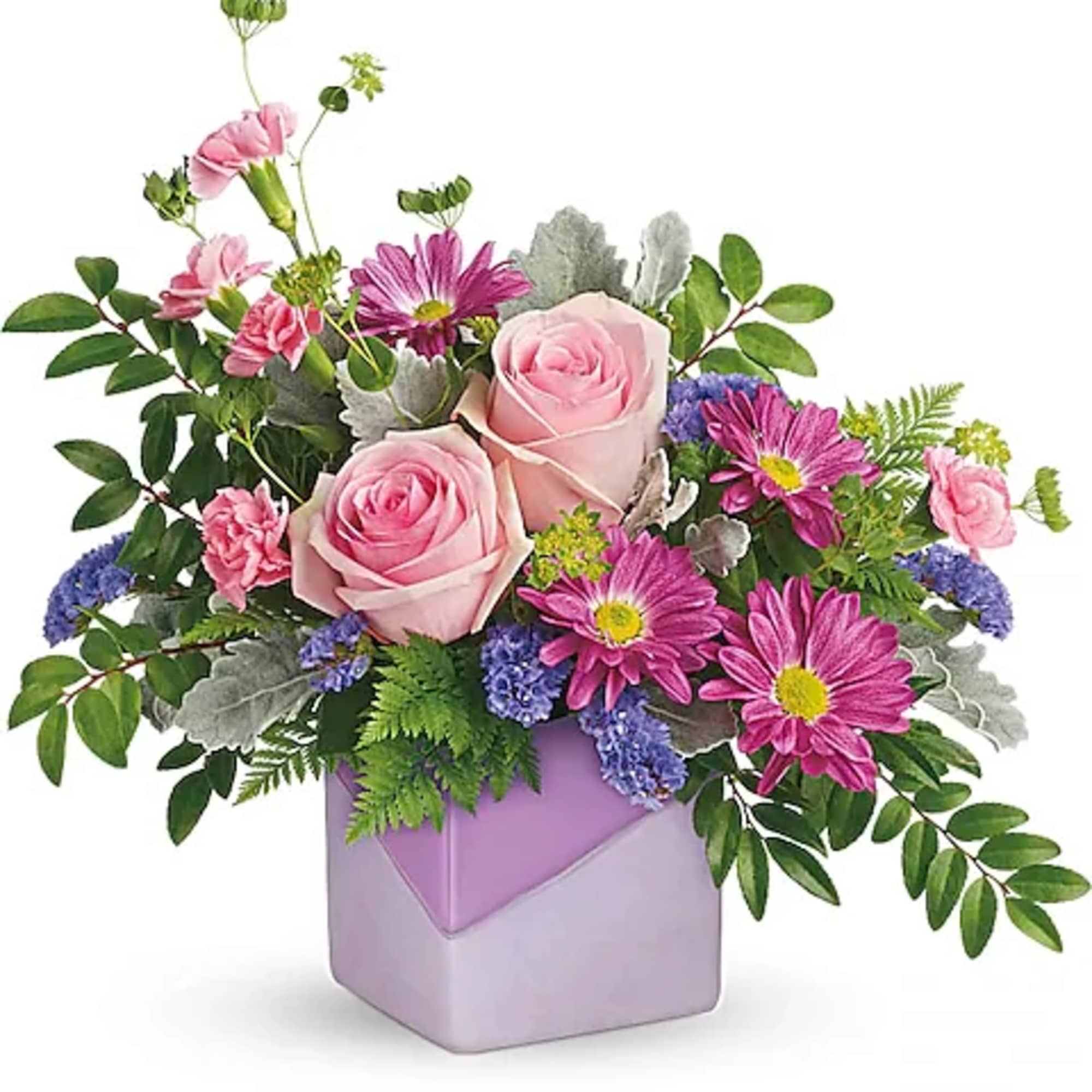 Pink roses and purple daisies in a lavender vase