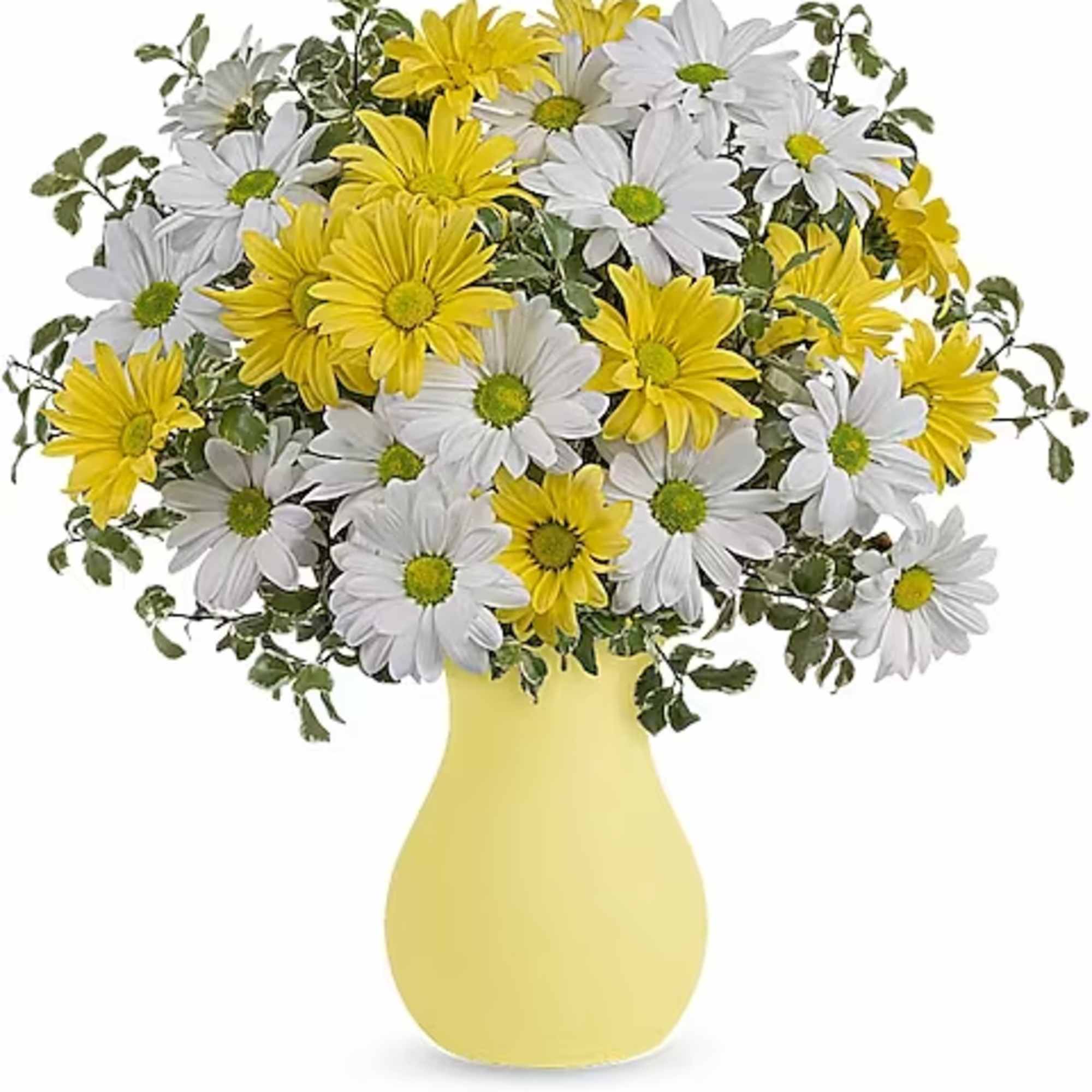 Yellow and white daisy bouquet in a yellow vase