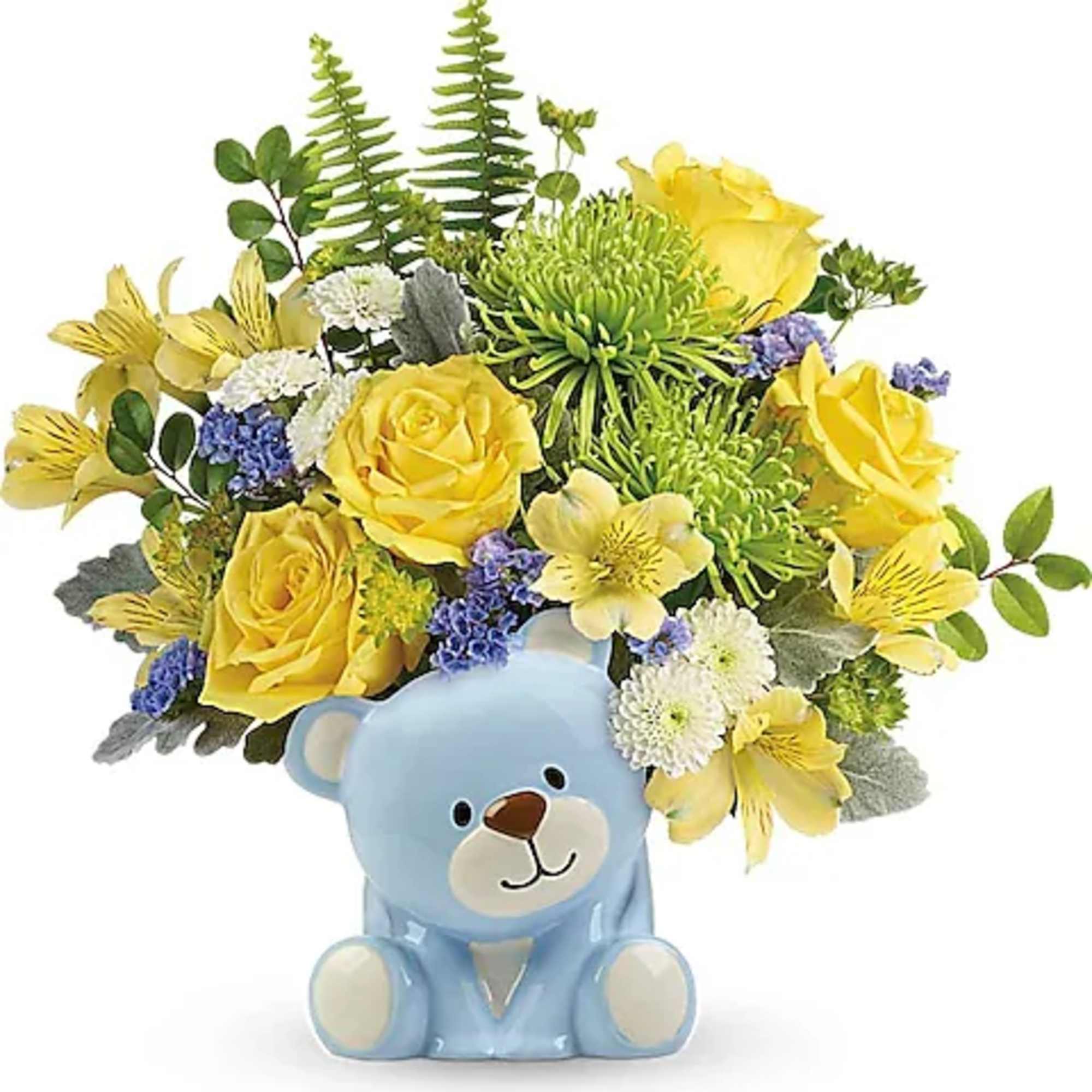 Yellow flower arrangement in a blue teddy bear vase