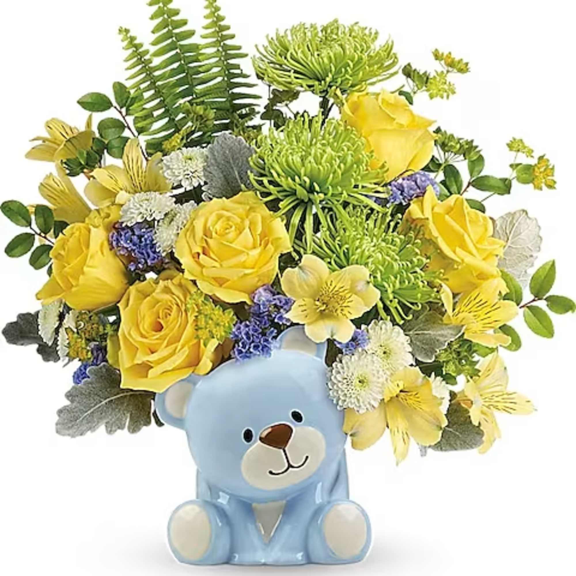 Yellow flower bouquet in a blue teddy bear vase