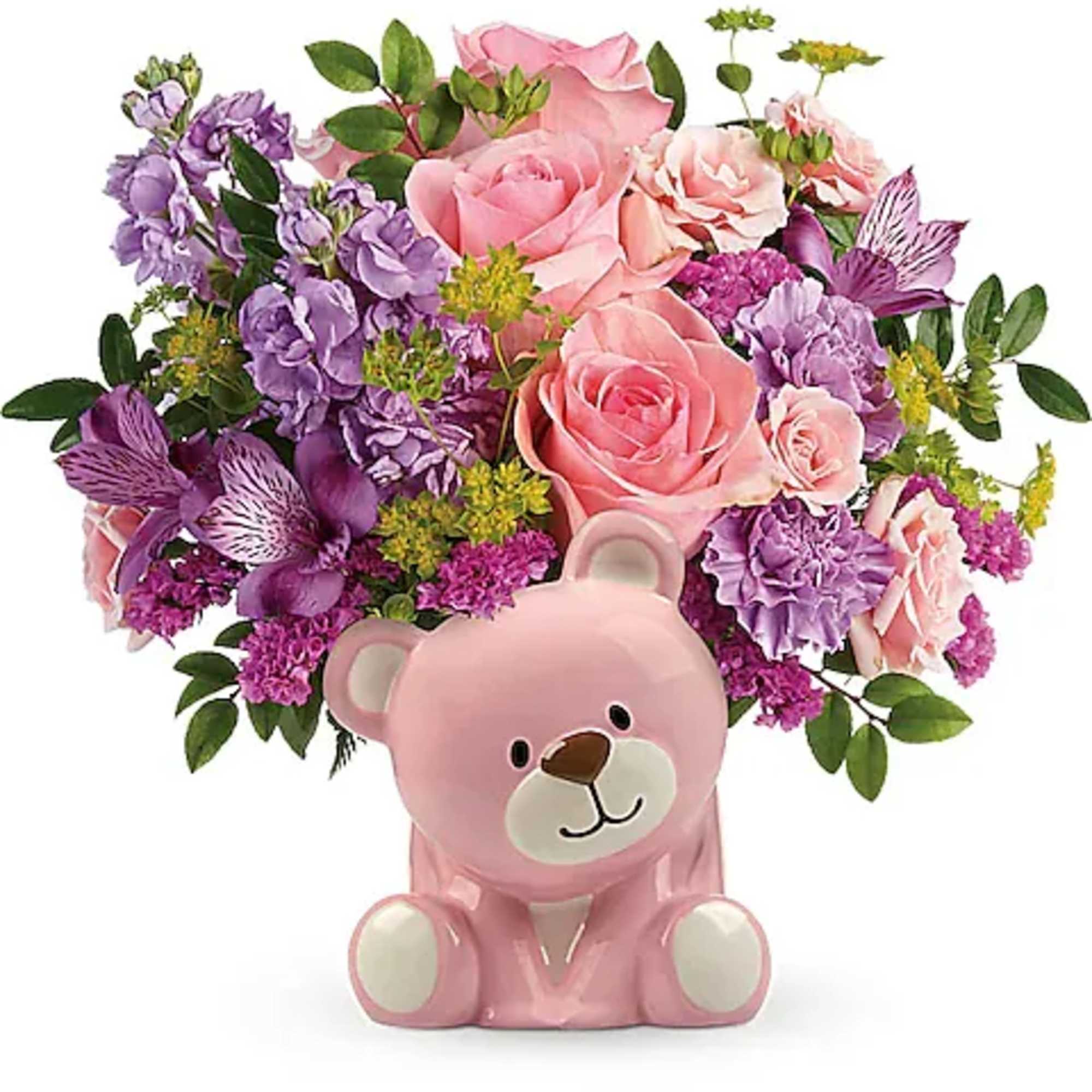 Pink teddy bear vase holding pink and purple flowers