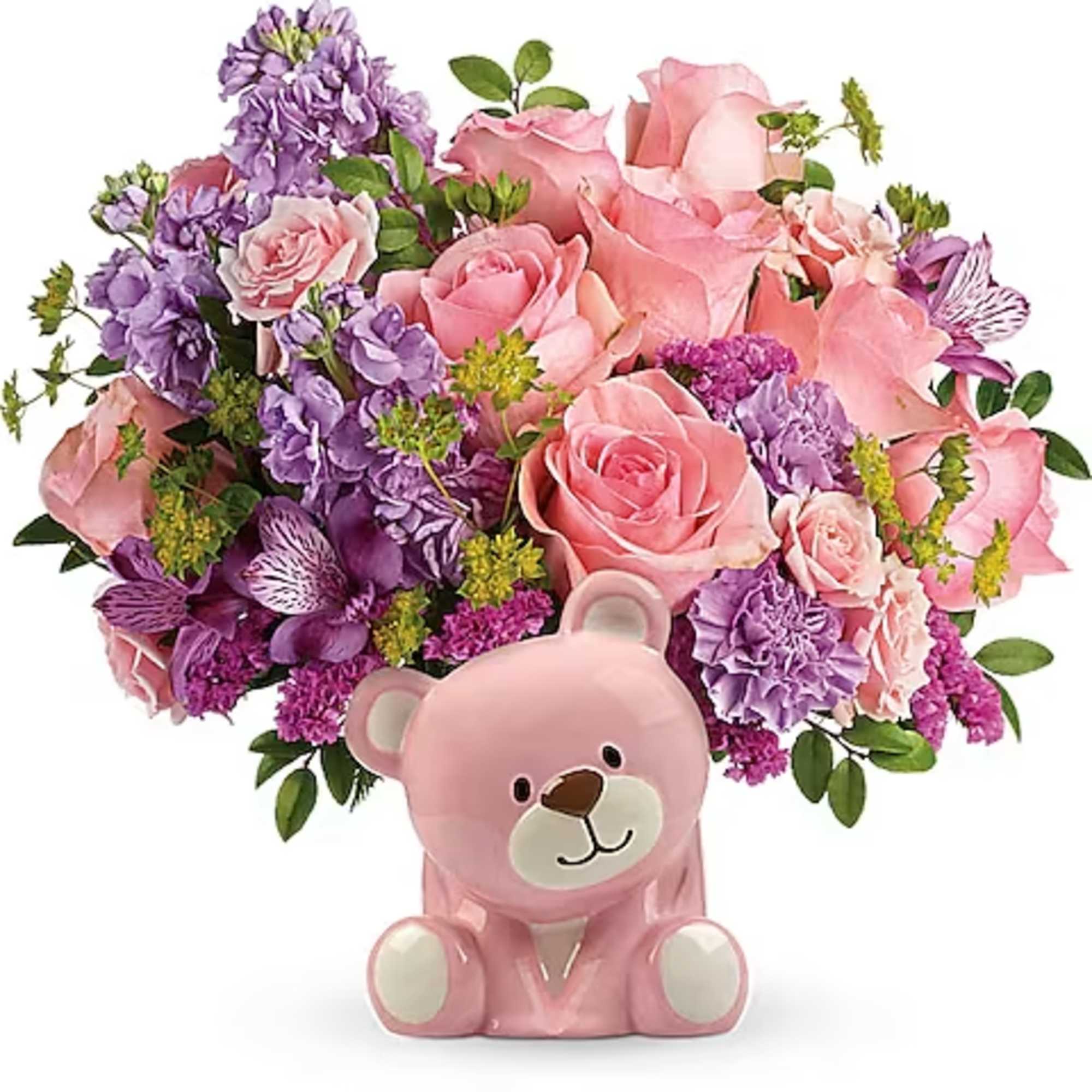 Pink and purple flower bouquet in a pink teddy bear vase