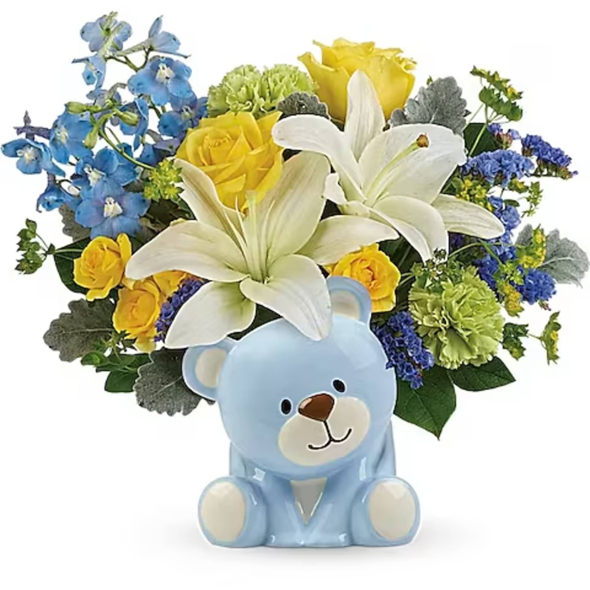 Blue teddy bear with a bouquet of white lilies, yellow roses, and blue flowers