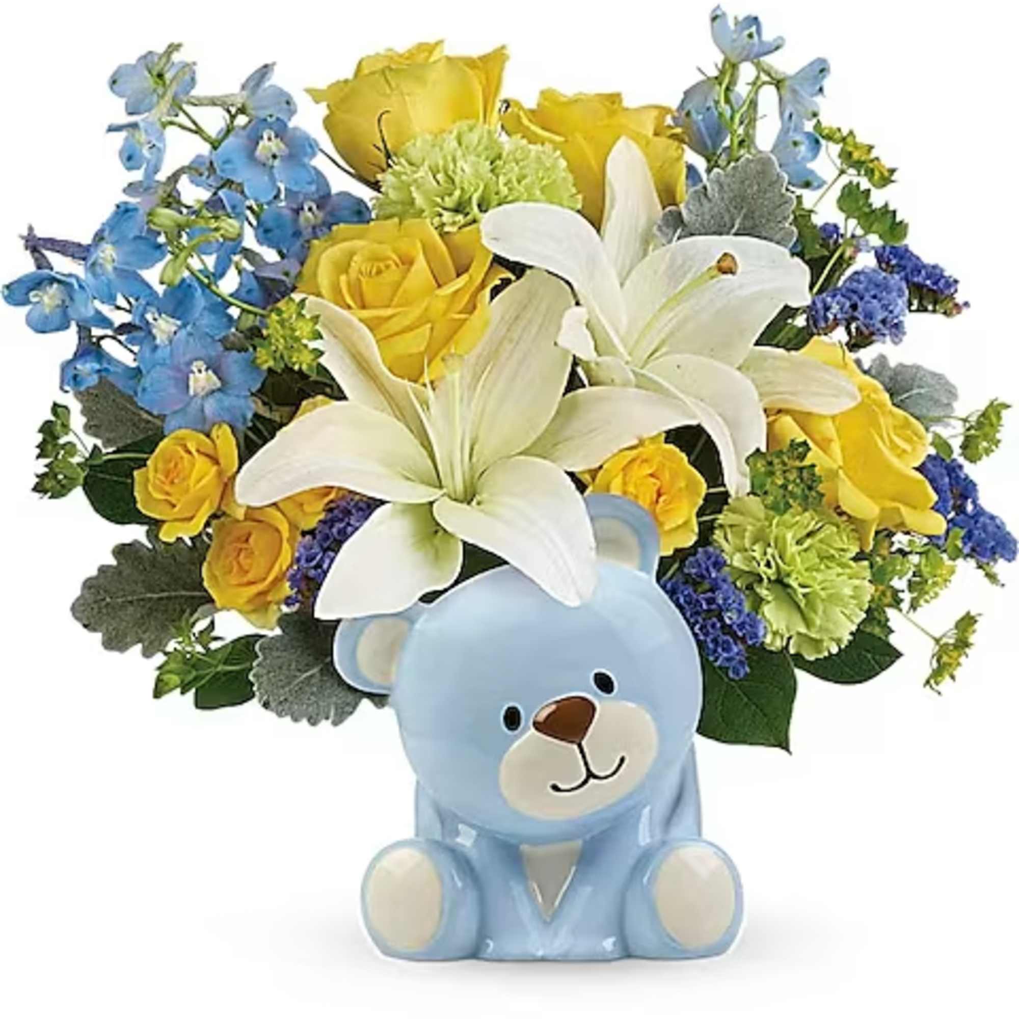 Bouquet of yellow roses, white lilies, and blue flowers in a teddy bear vase