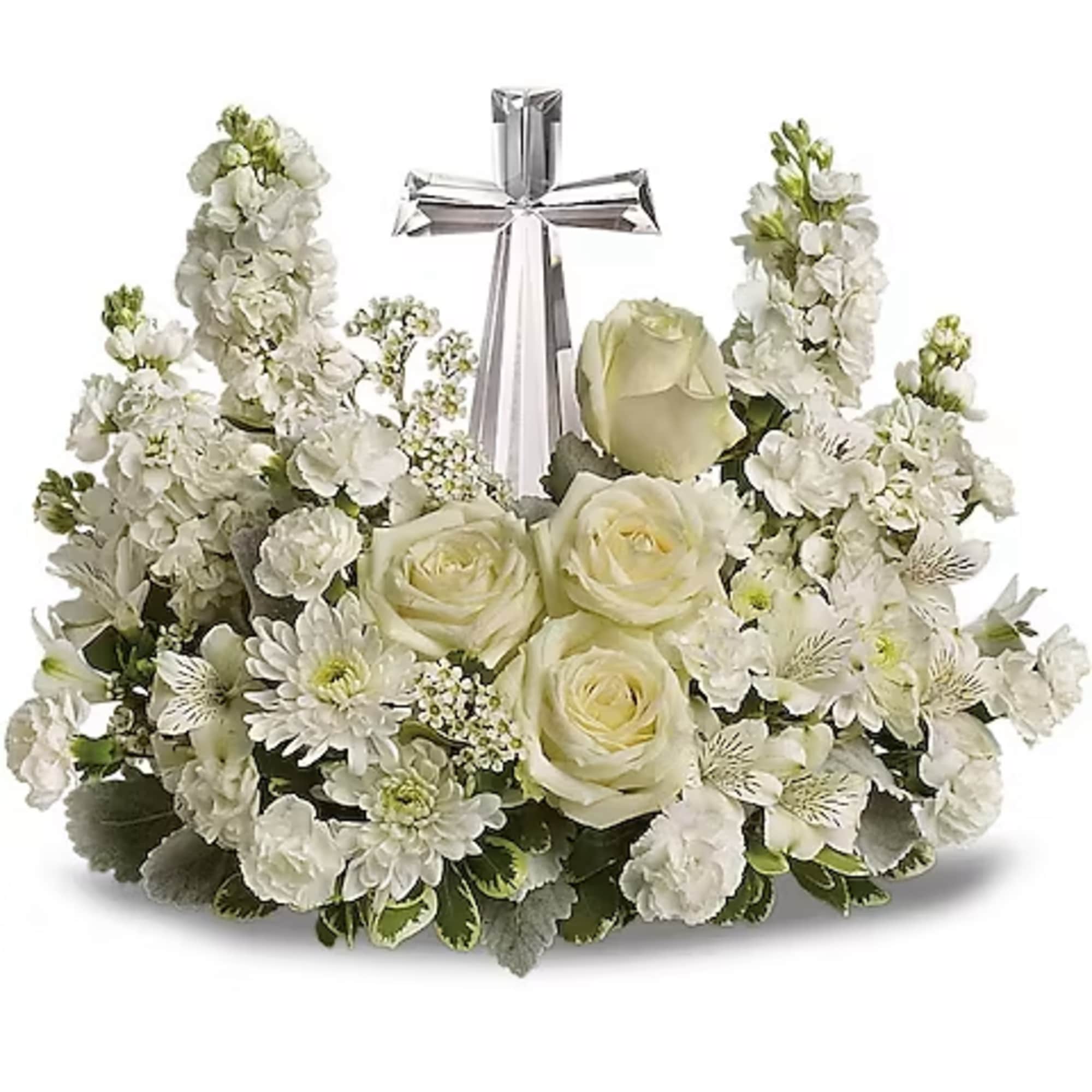White floral arrangement with a silver cross centerpiece