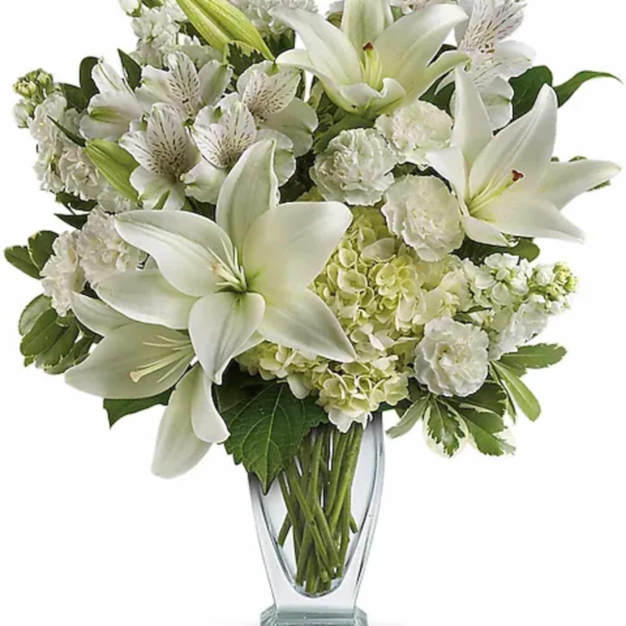 White lilies and hydrangeas in a clear glass vase