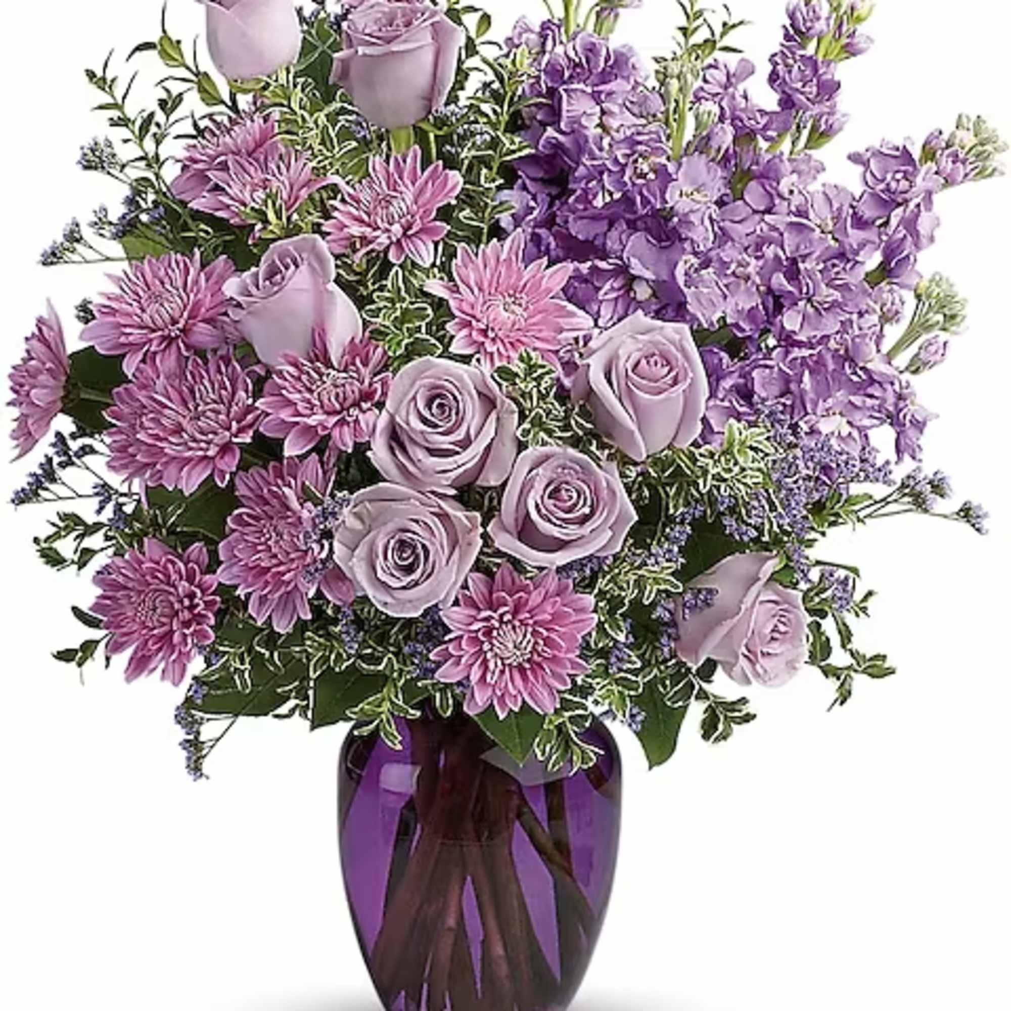 Lavender roses and purple flowers arranged in a vase