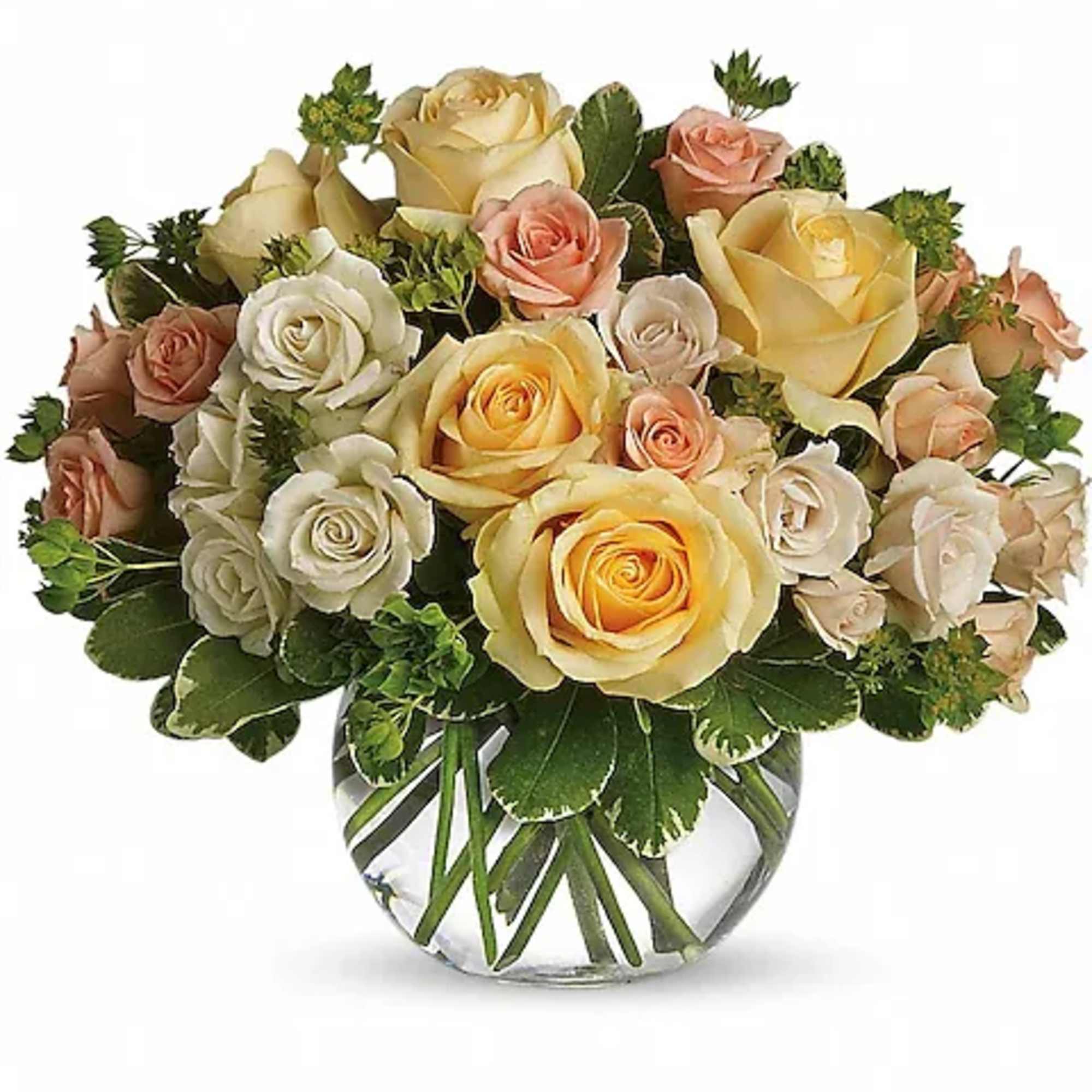 Bouquet of cream, peach, and yellow roses in a clear glass vase