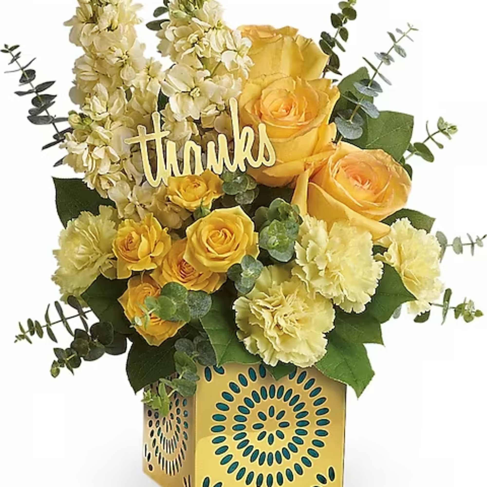 Yellow roses and pale carnations in a decorative box with a "thanks" sign