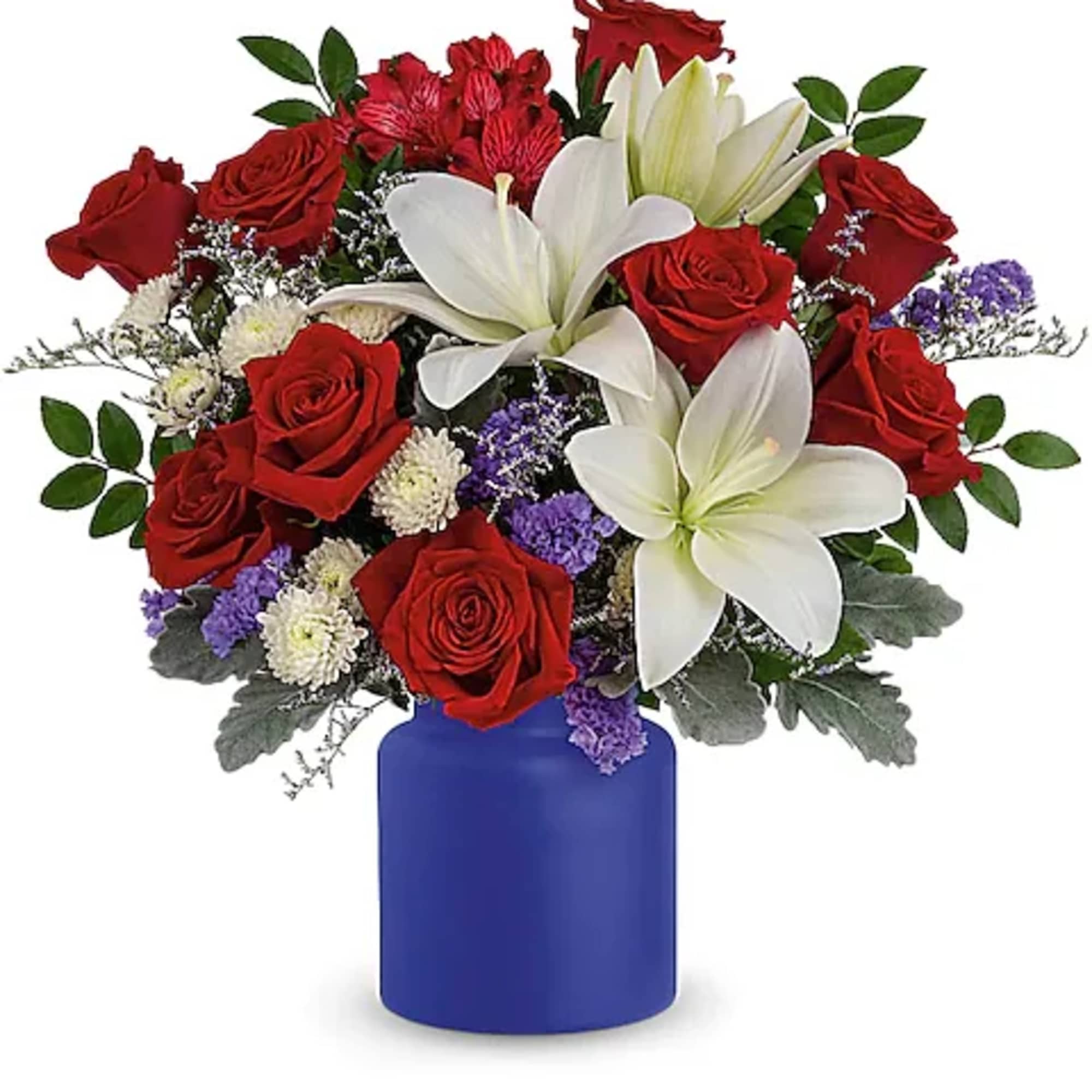 Bouquet of red roses and white lilies in a blue vase