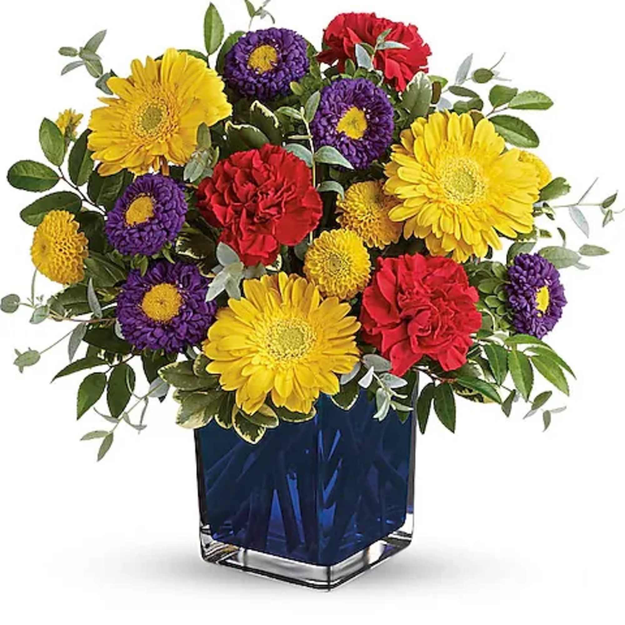 Colorful bouquet of yellow, purple, and red flowers in a blue glass vase