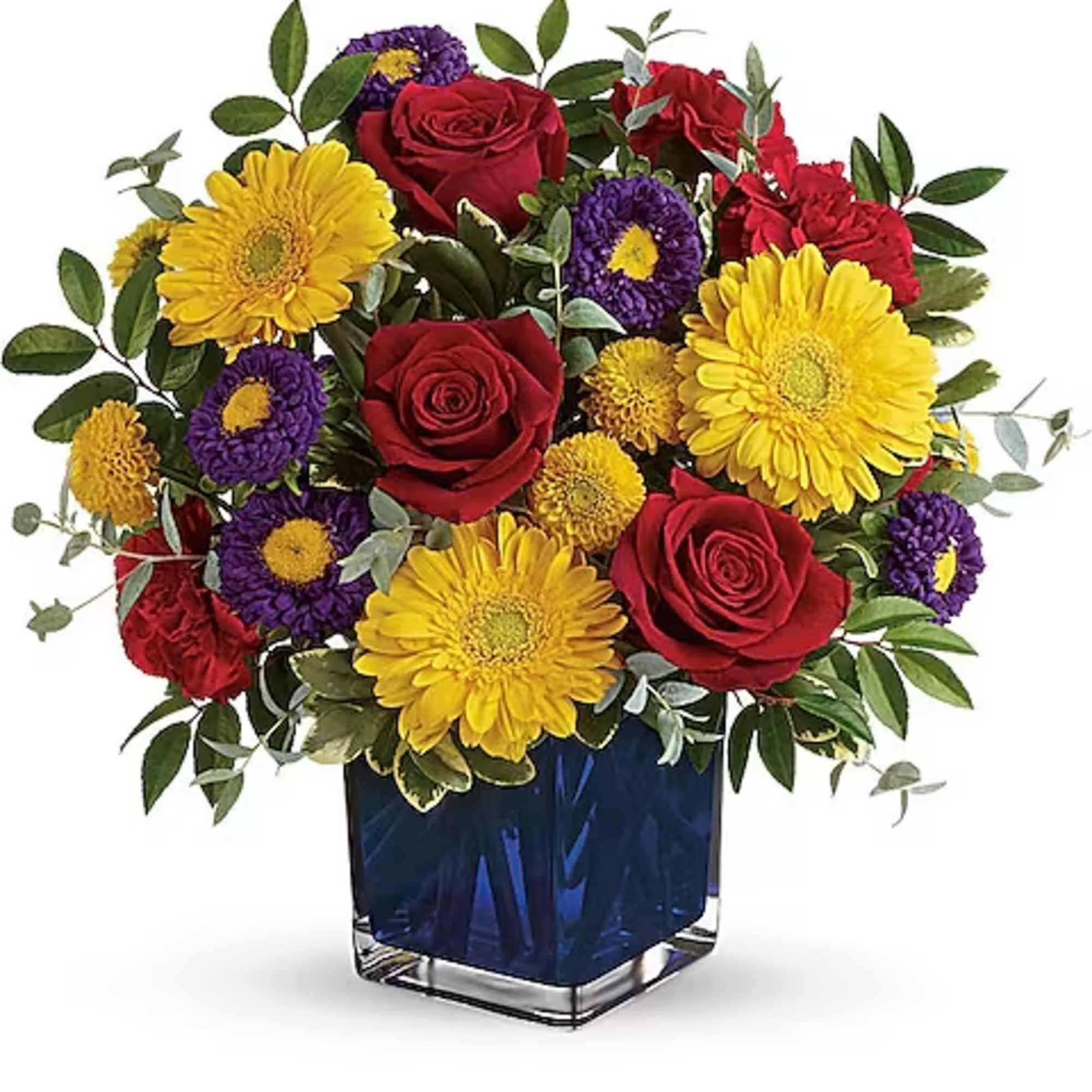 Bouquet of red roses, yellow daisies, and purple blooms in a blue vase