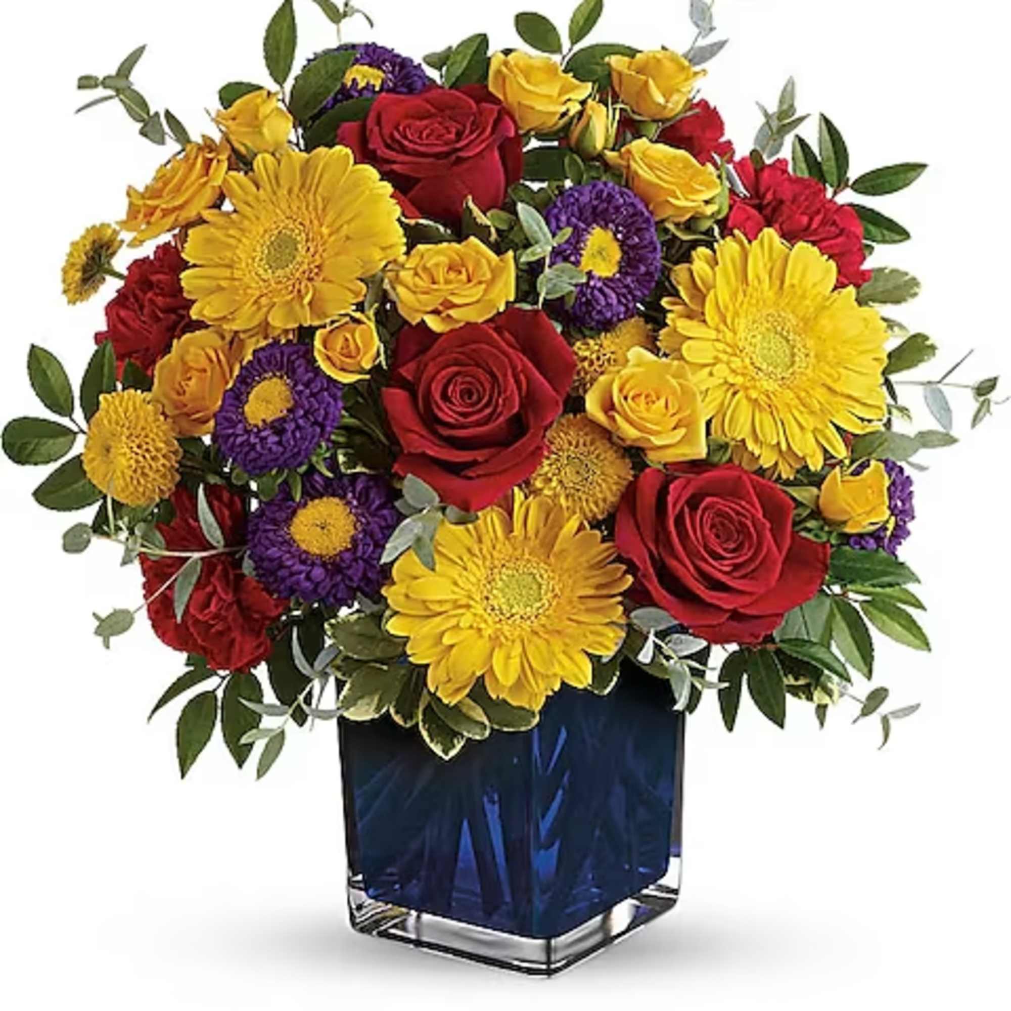 Bouquet of red roses, yellow daisies, and purple mums in a blue glass vase