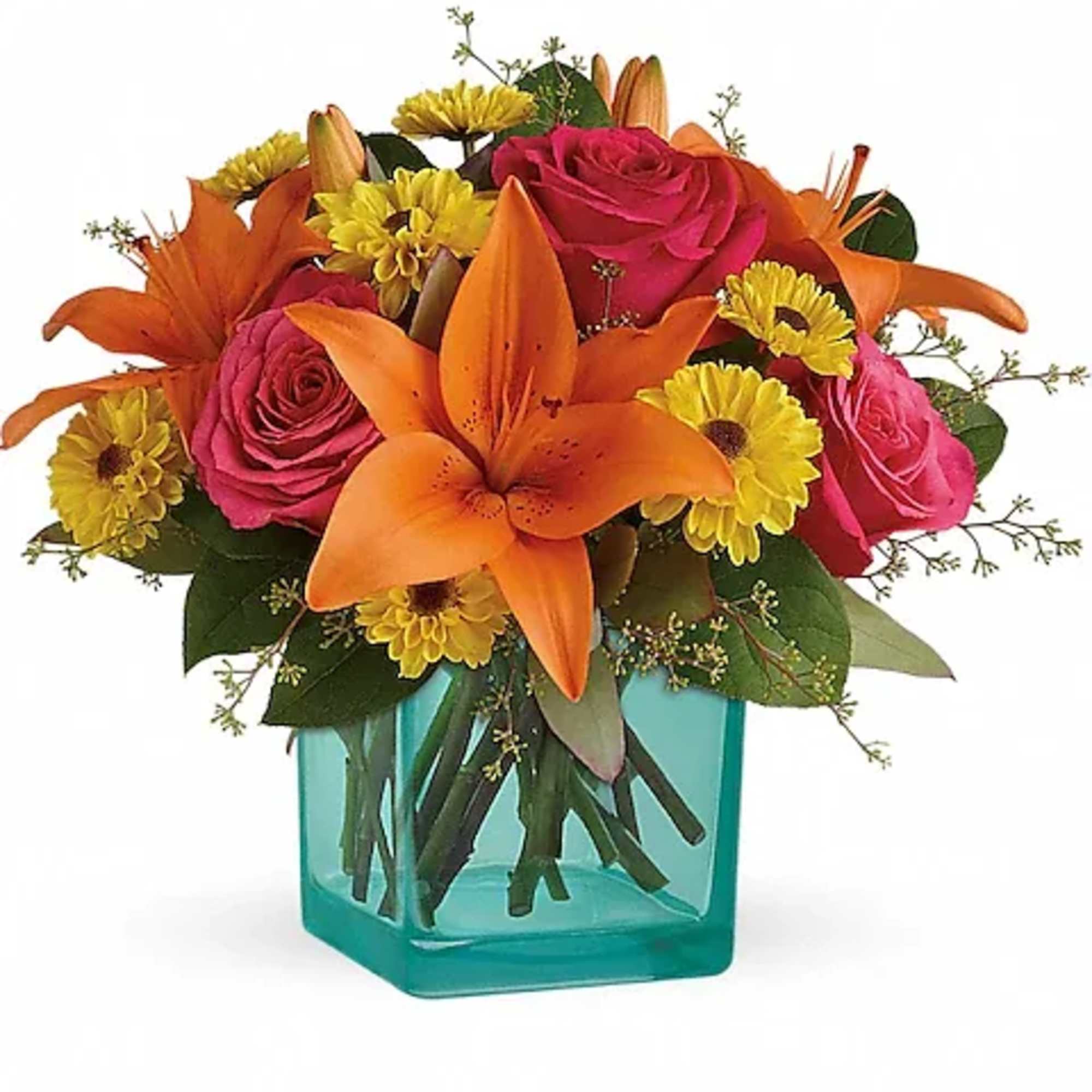 Orange lilies, pink roses, and yellow daisies in a turquoise vase