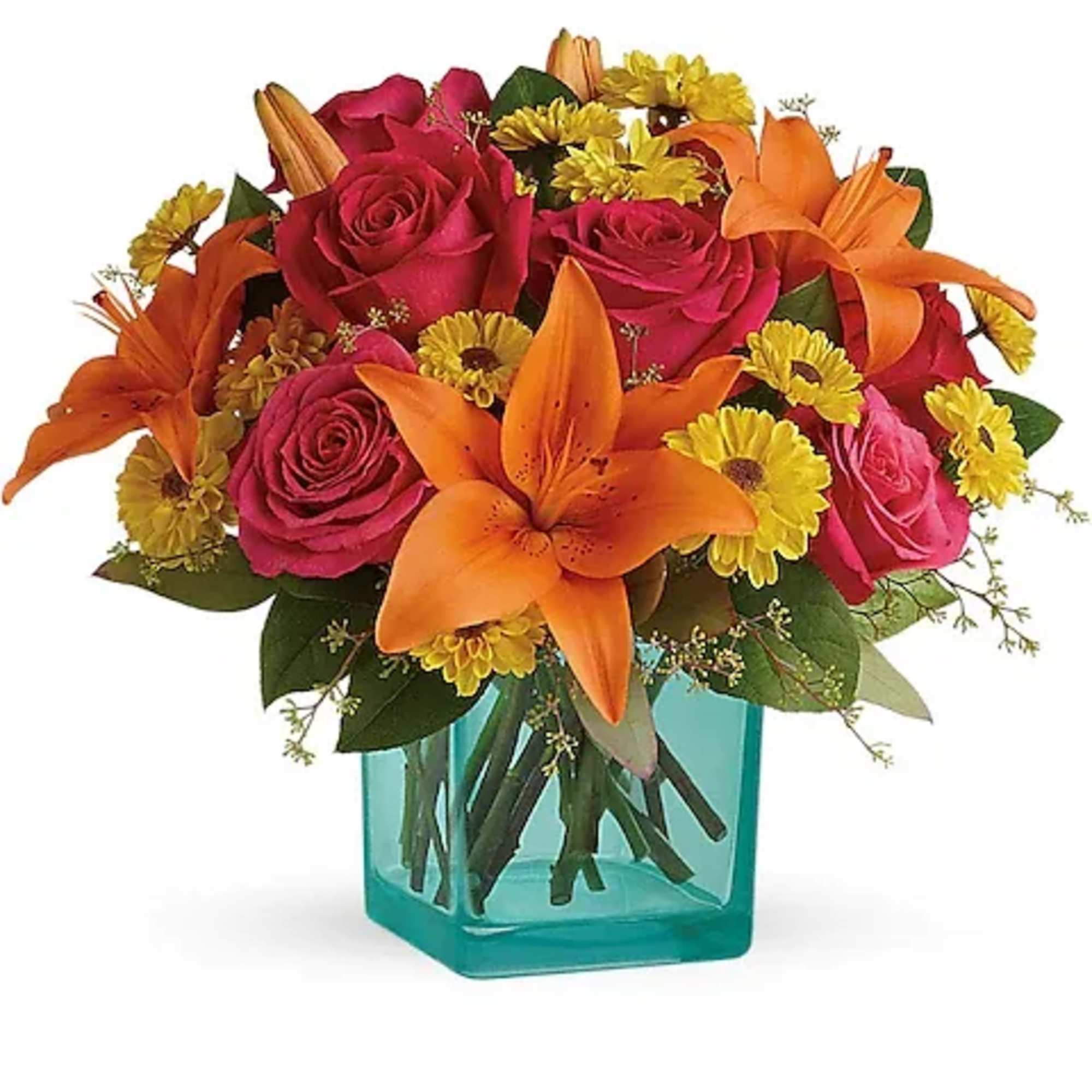 Bouquet of pink roses and orange lilies in a turquoise glass vase