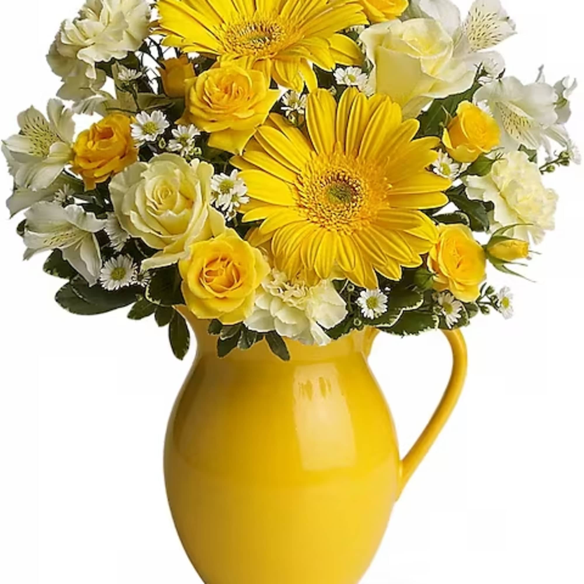 Yellow and white flower bouquet in a yellow pitcher vase